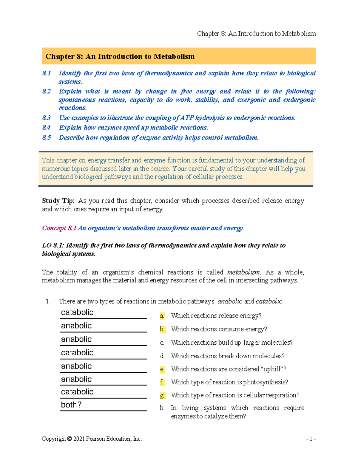 Chapter 8 Bio 100 - Copyright © 2021 Pearson Education, Inc. - 1 ...