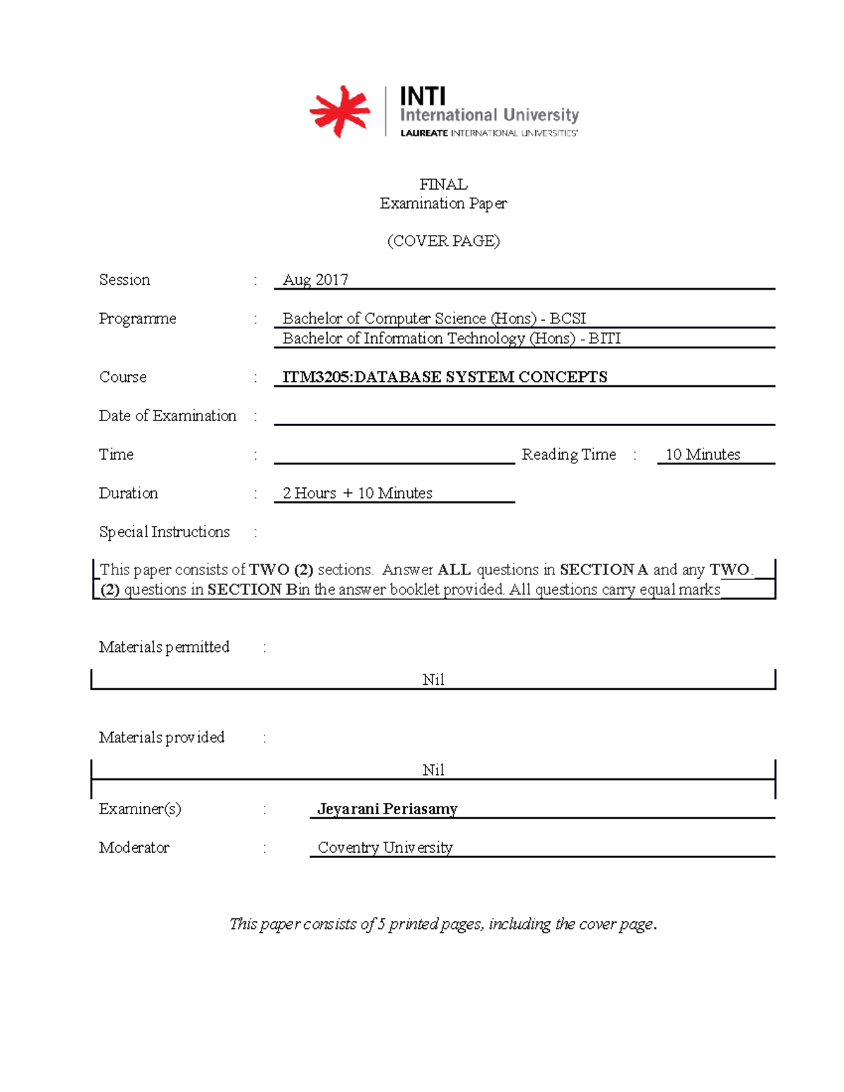 Exam 12 January 2014, questions - FINAL Examination Paper (COVER PAGE ...