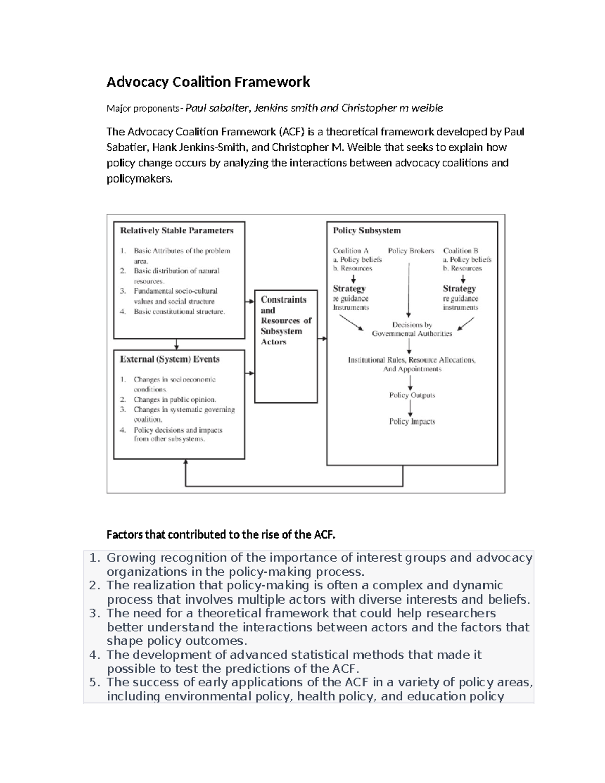 Advocacy Coalition Framework - Weible that seeks to explain how policy ...