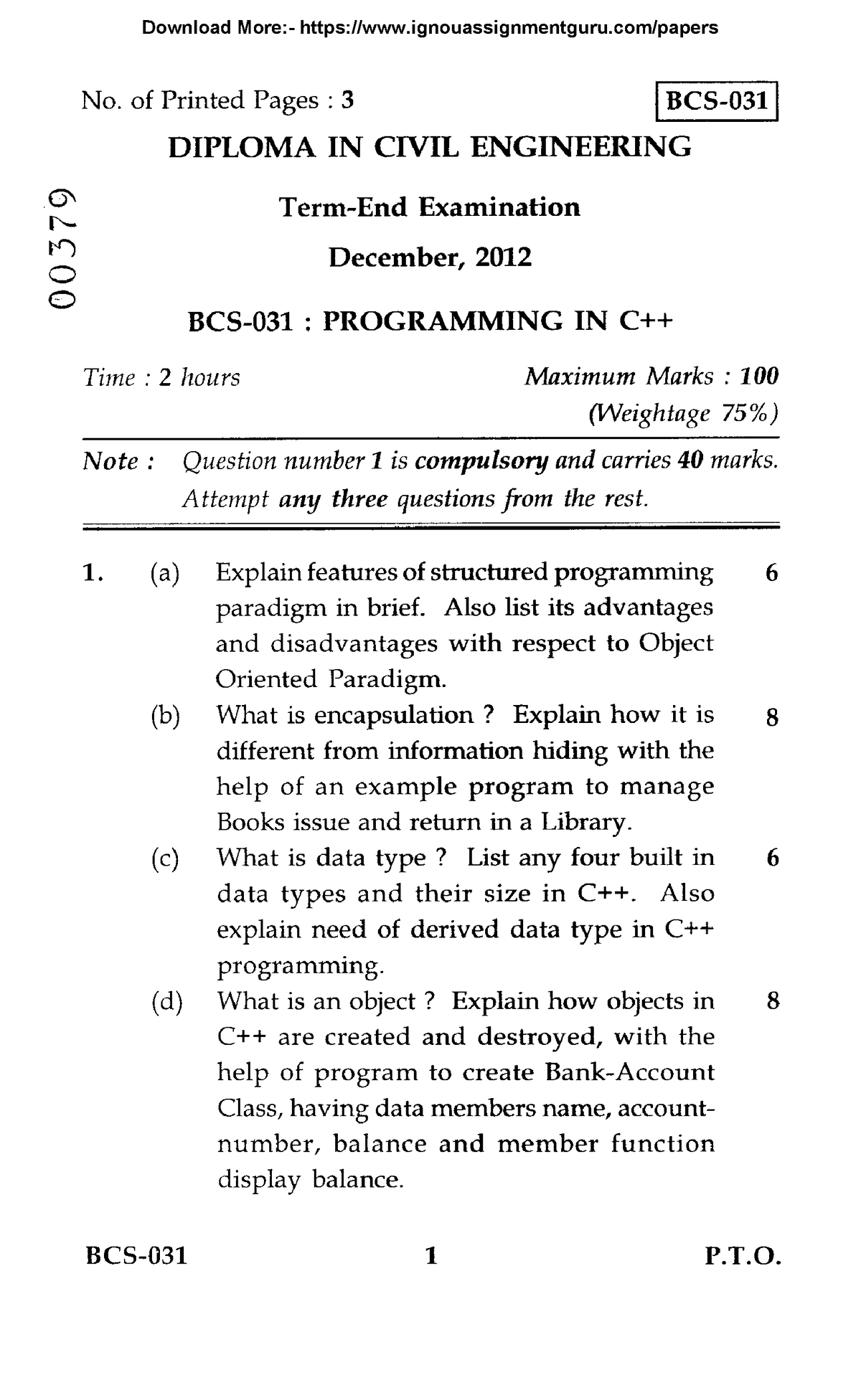 BCS 031 Previous Year Question Papers By Ignouassignmentguru - No. Of ...