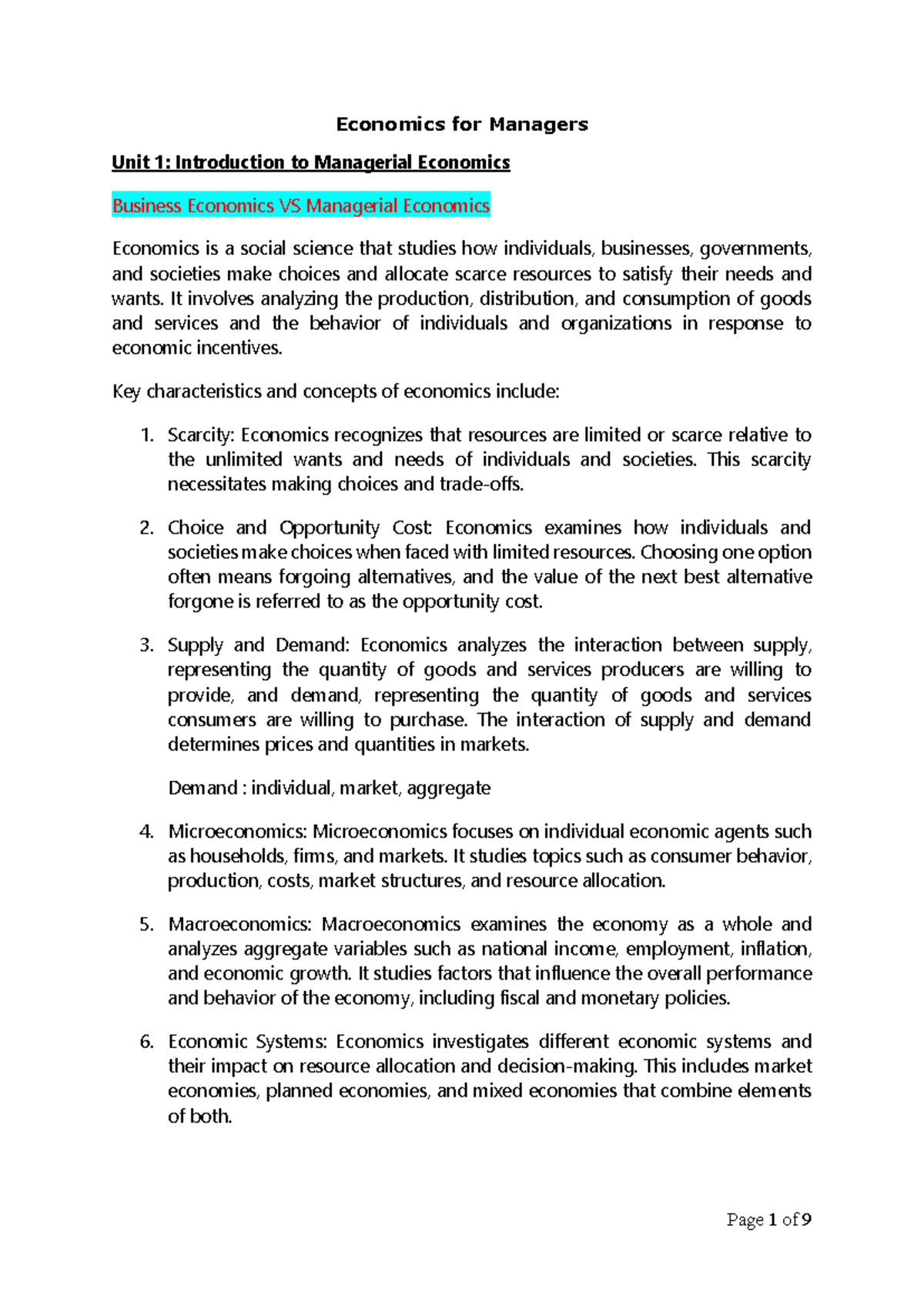 Note Economics for Managers - Unit 1 - Economics for Managers Unit 1 ...