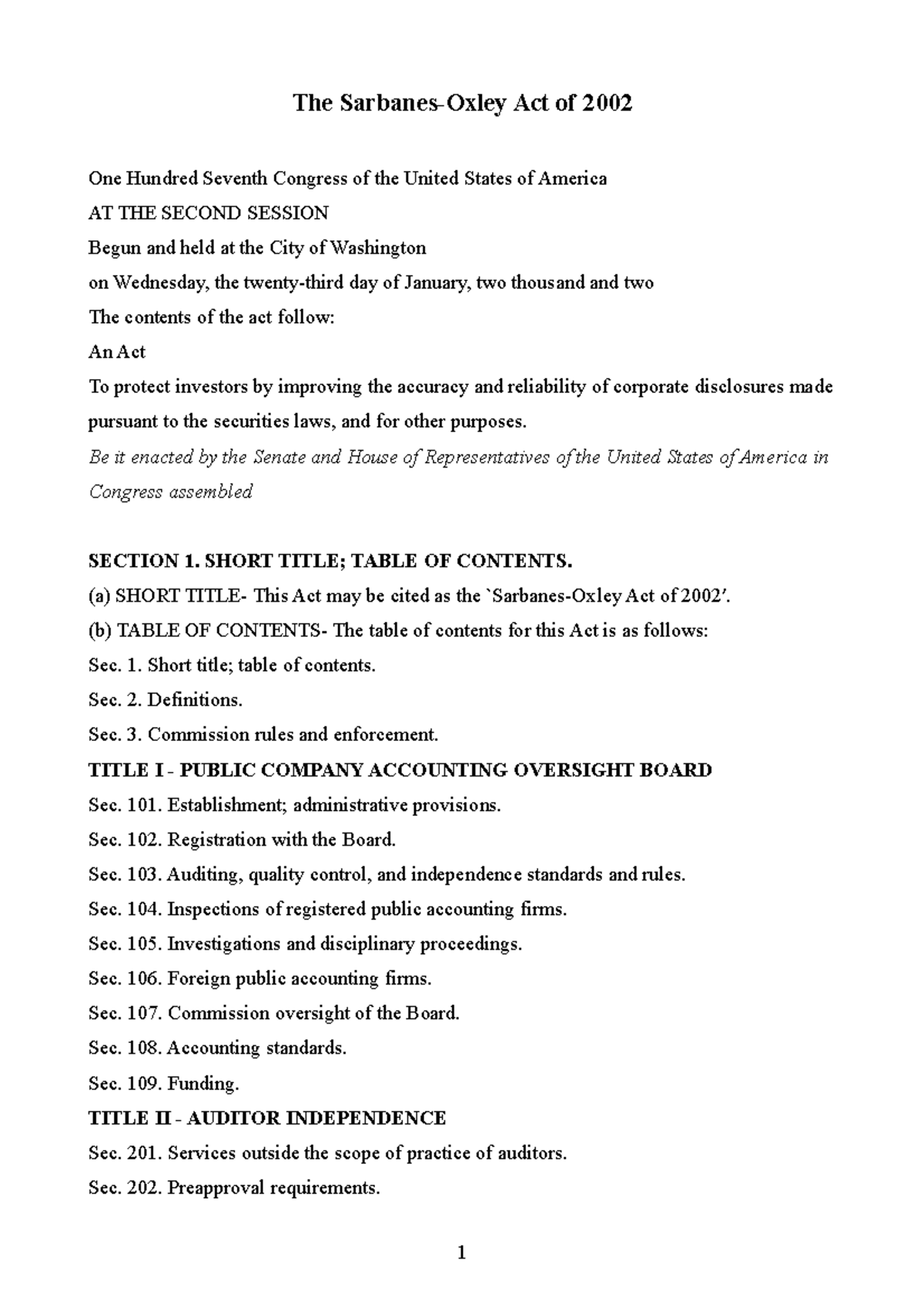 SOX 2002 SarbanesOxley 2002 full The SarbanesOxley Act of 2002