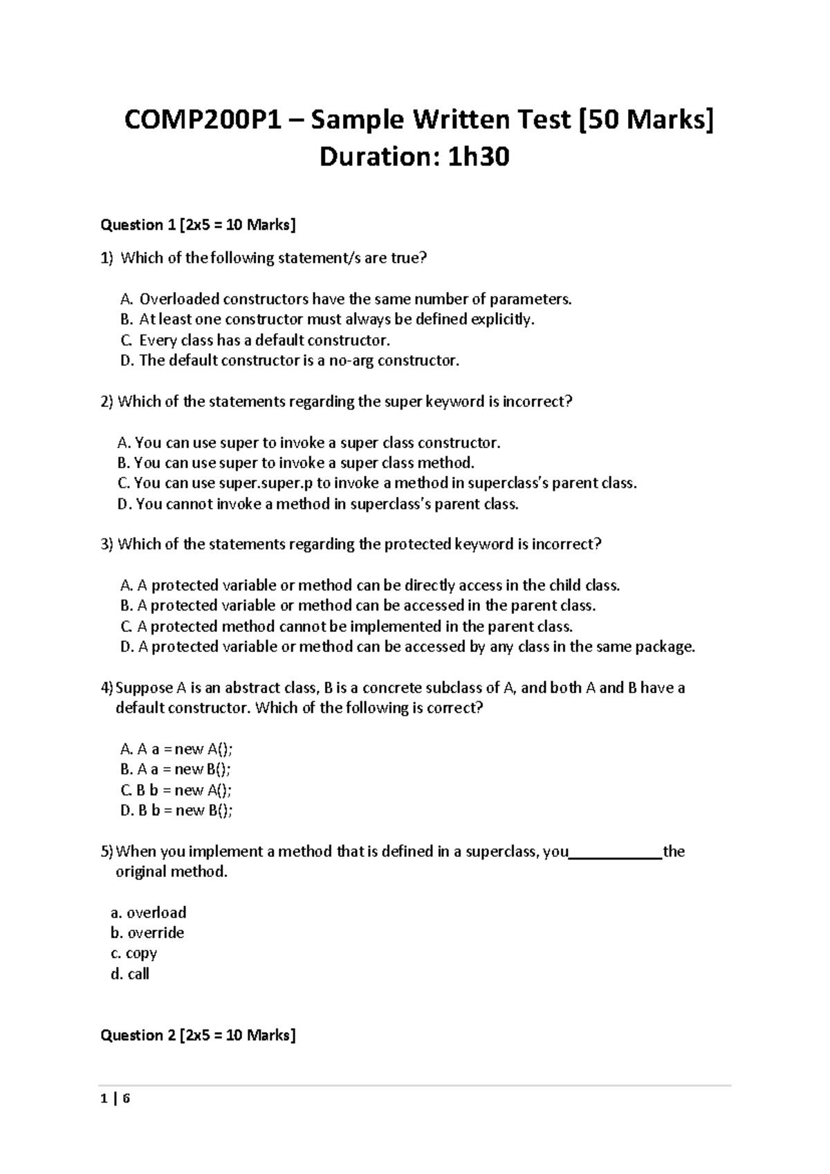 Sample Written Test - test questions - COMP200P1 – Sample Written Test ...