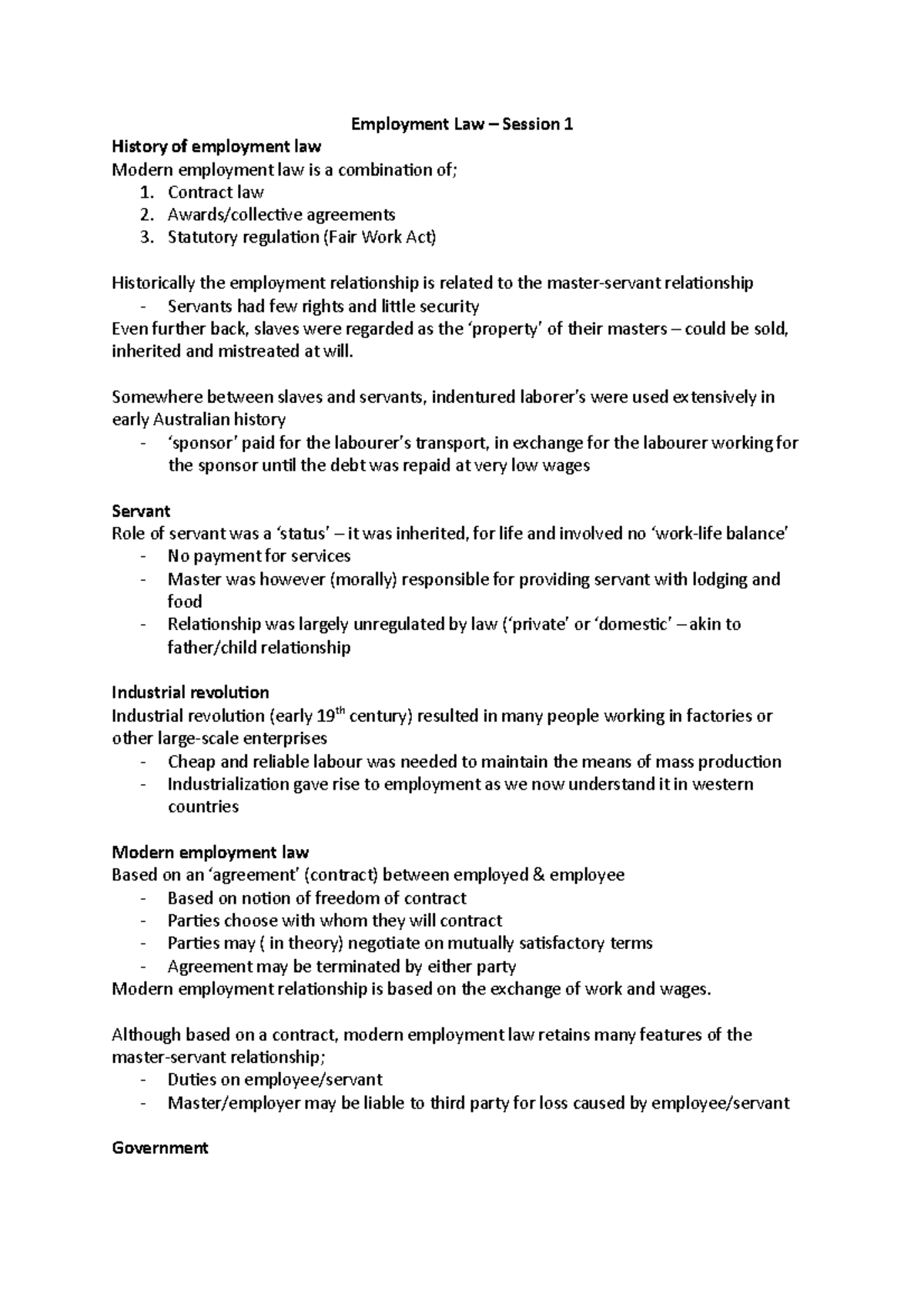 Session 1 - Lecture notes - Employment Law – Session 1 History of ...