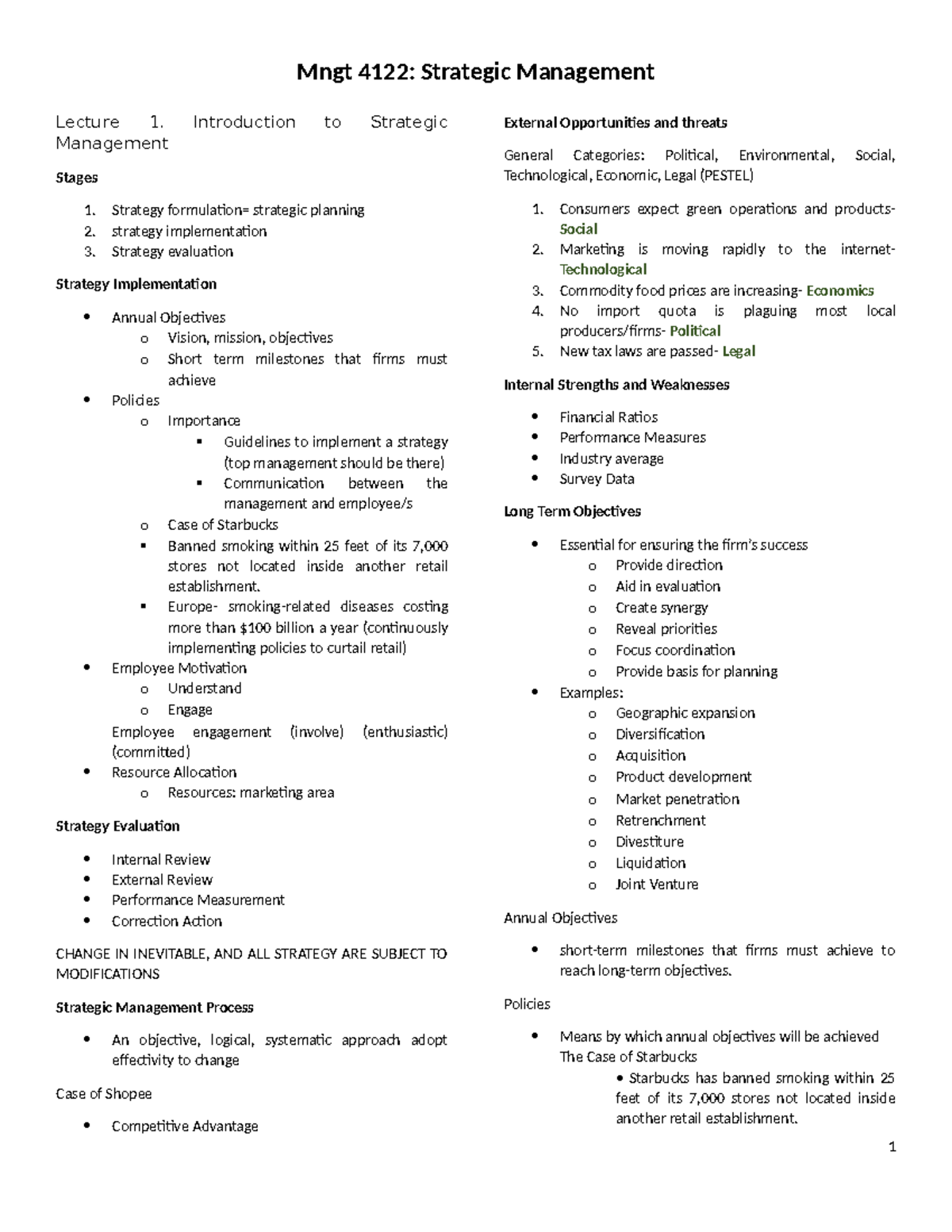 Notes - Mngt 4122: Strategic Management Lecture 1. Introduction to ...