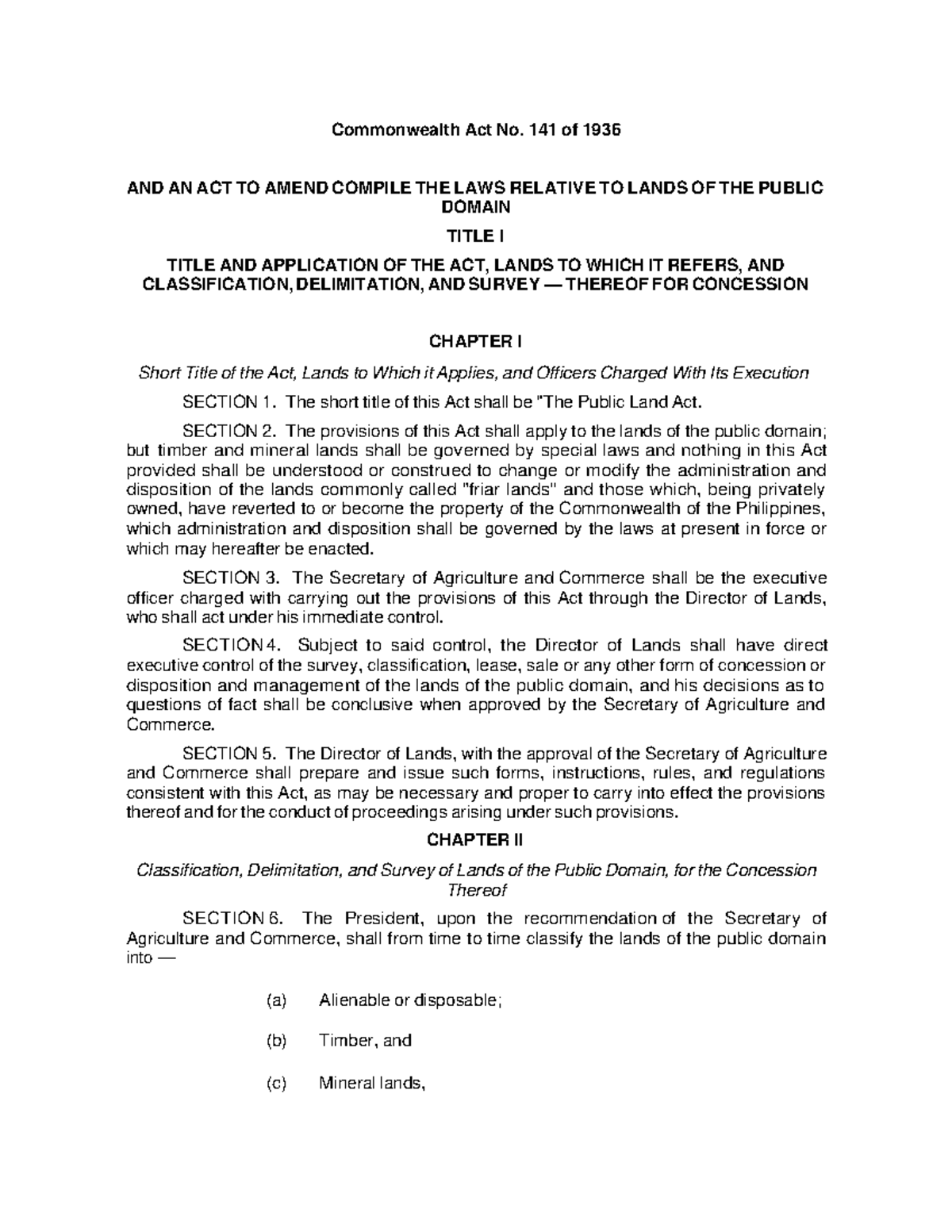 Commonwealth act no 141 - Public Land Act - Commonwealth Act No. 141 of ...