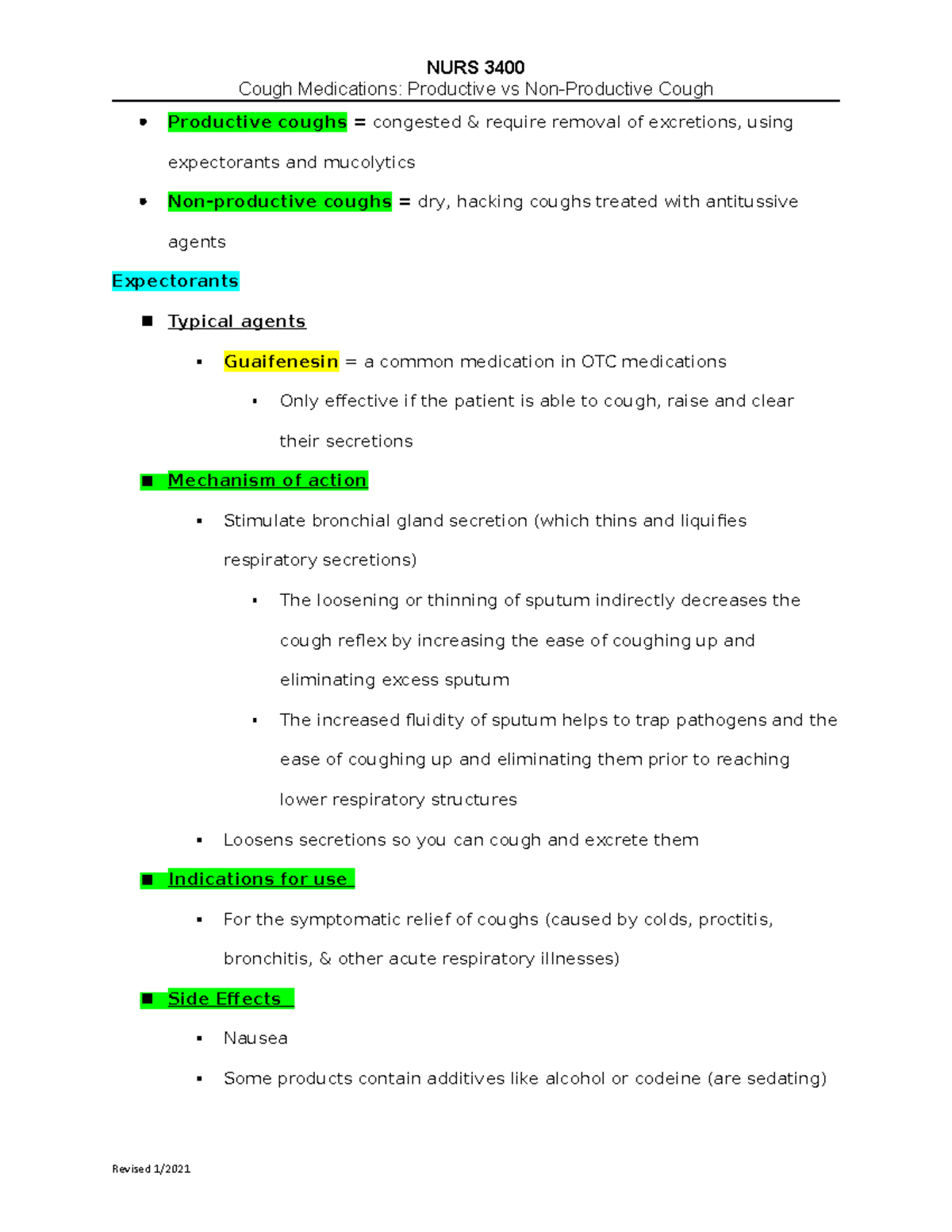 12.2 Cough meds student outline - Cough Medications: Productive vs Non ...