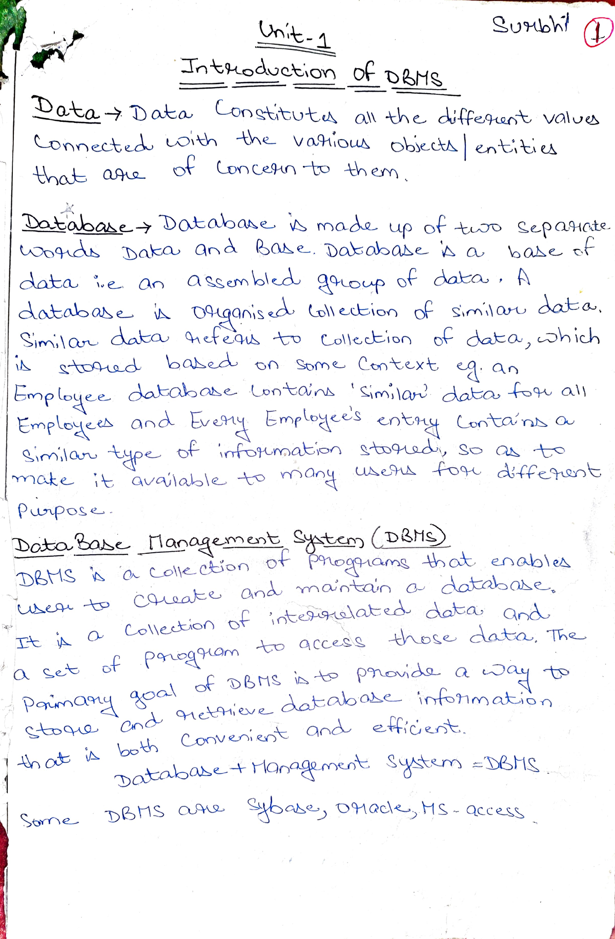 DBMS Unit 1 Part 1 - Unit 1 Handwritten Notes Of Dbms - DBMS B.tech 3 ...