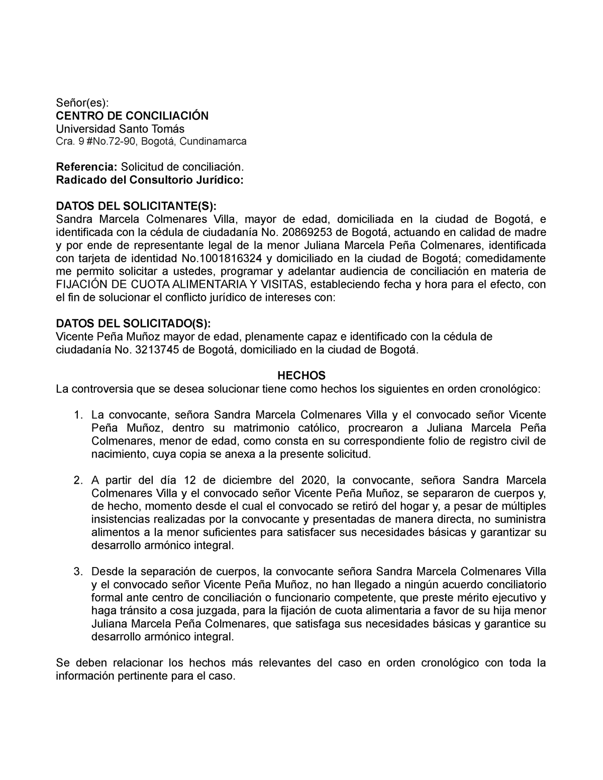 Acta de solicitud de conciliación - Señor(es): CENTRO DE CONCILIACIÓN ...