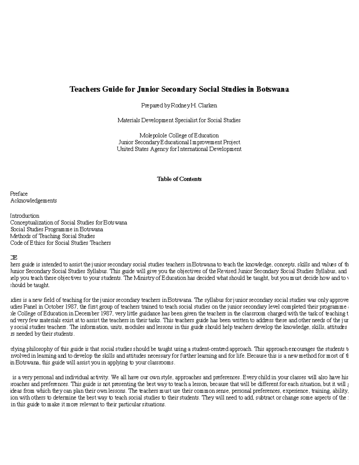 Teachers Guide For Conceptualization Of Junior Secondary Social Studies