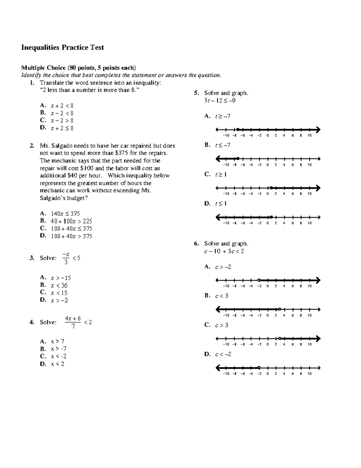 Inequalities practice test Inequalities Practice Test Multiple Choice (80 points, 5 points