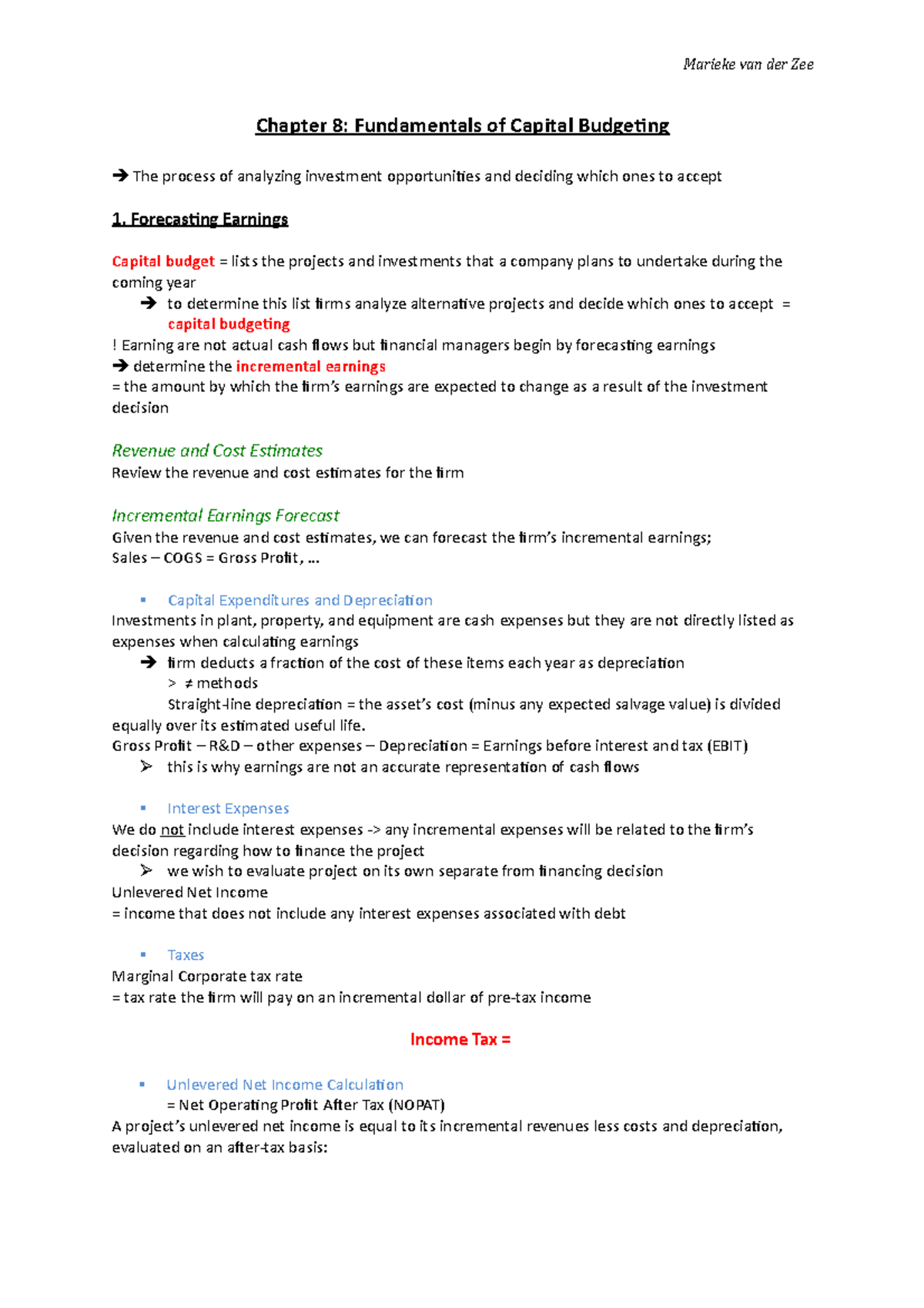 Summary - Chapter 8 - Chapter 8: Fundamentals of Capital Budgeting The ...