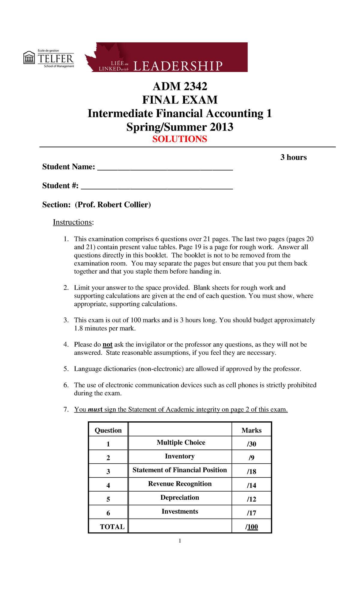 Final Exam 15 December 2015, Answers - ADM 2342 FINAL EXAM Intermediate ...