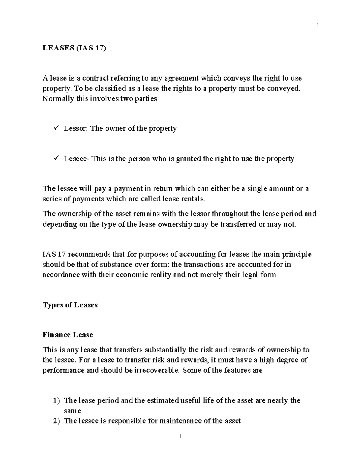 Leases - Ccccc - LEASES (IAS 17) A Lease Is A Contract Referring To Any ...