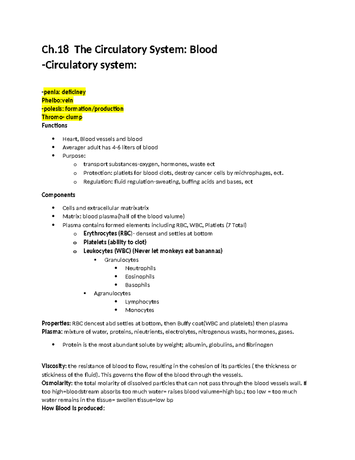 Ch 18 the circulatory system Ch The Circulatory System Blood