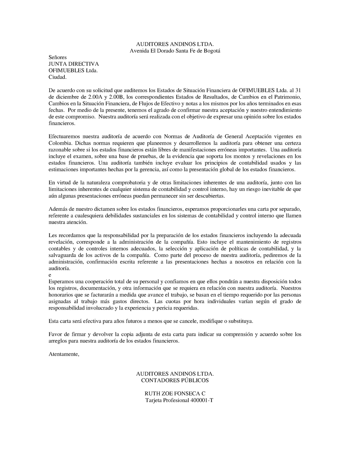 Modelo De Carta De Compromiso De Los Auditores Auditores Andinos Ltda