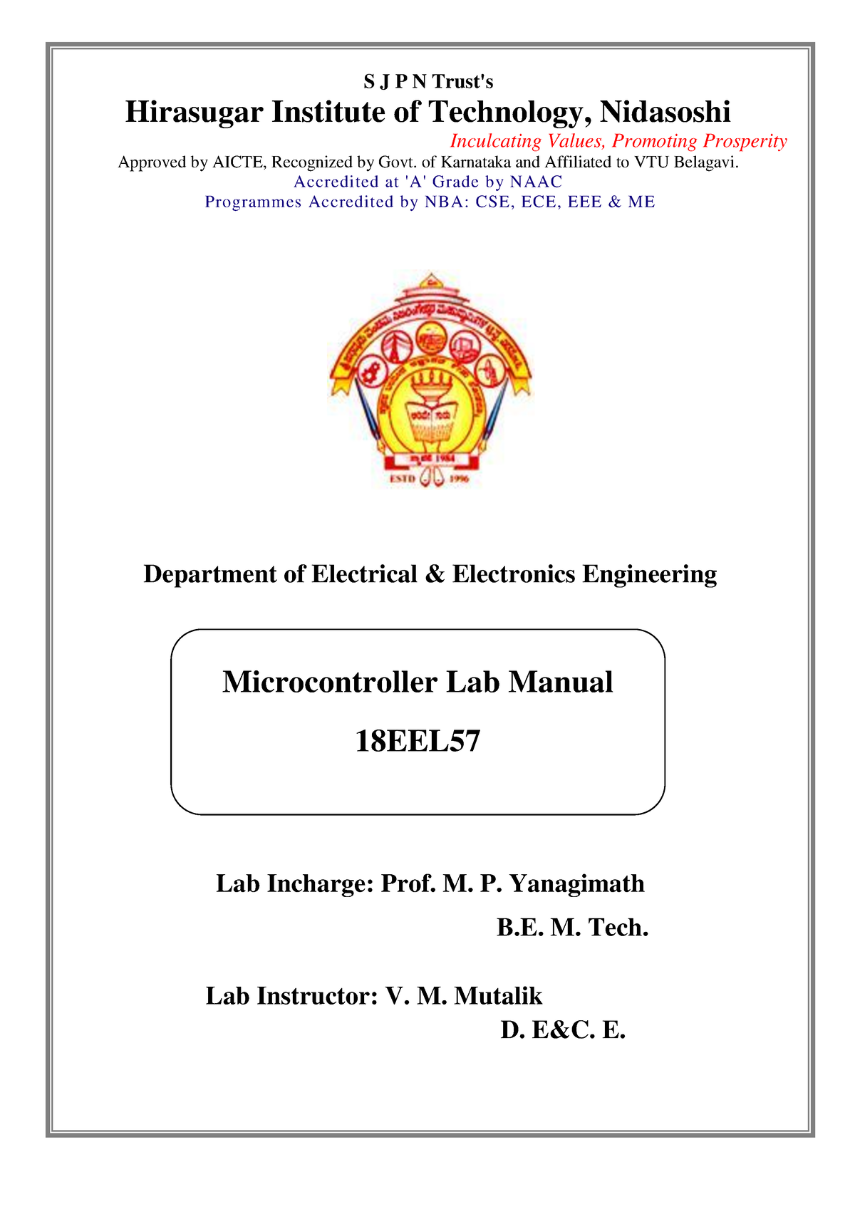 18EEL57 MC Lab Manual - Microcontroller - S J P N Trust's Hirasugar ...