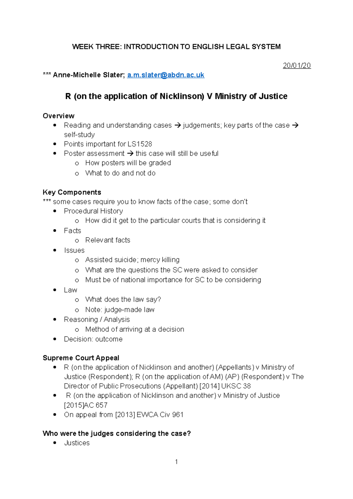 Week 3 LS1528 - R (on The Application Of Nicklinson) V Ministry Of ...