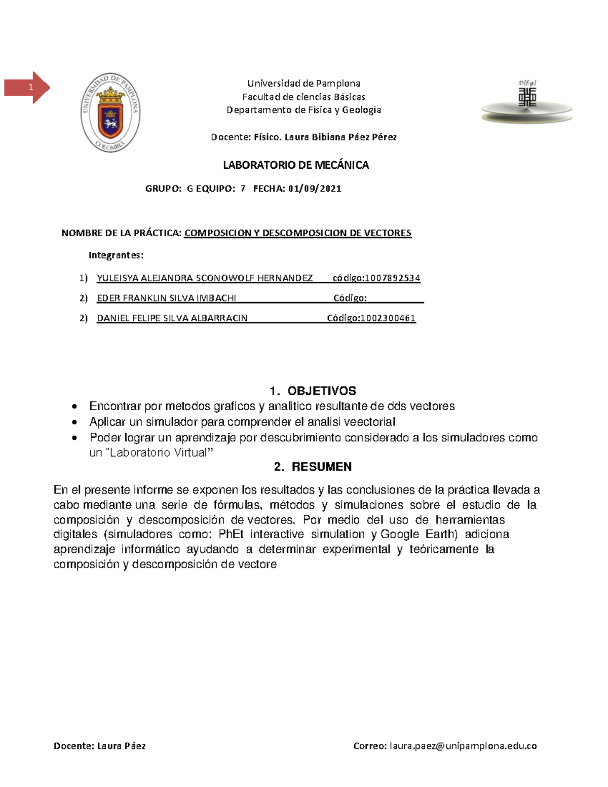 Composicion Y Descomposicion De Vectores Informe 1 1 Objetivos