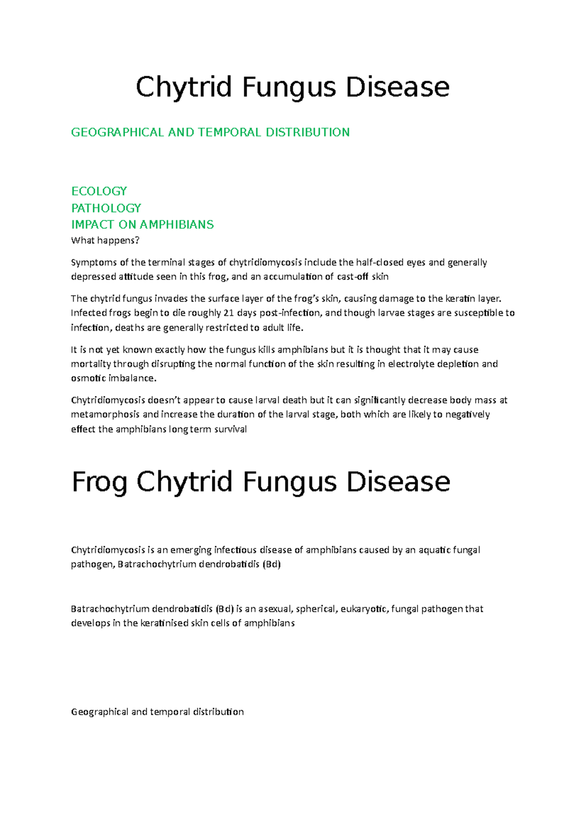 Chytrid Fungus Disease Chytrid Fungus Disease GEOGRAPHICAL AND