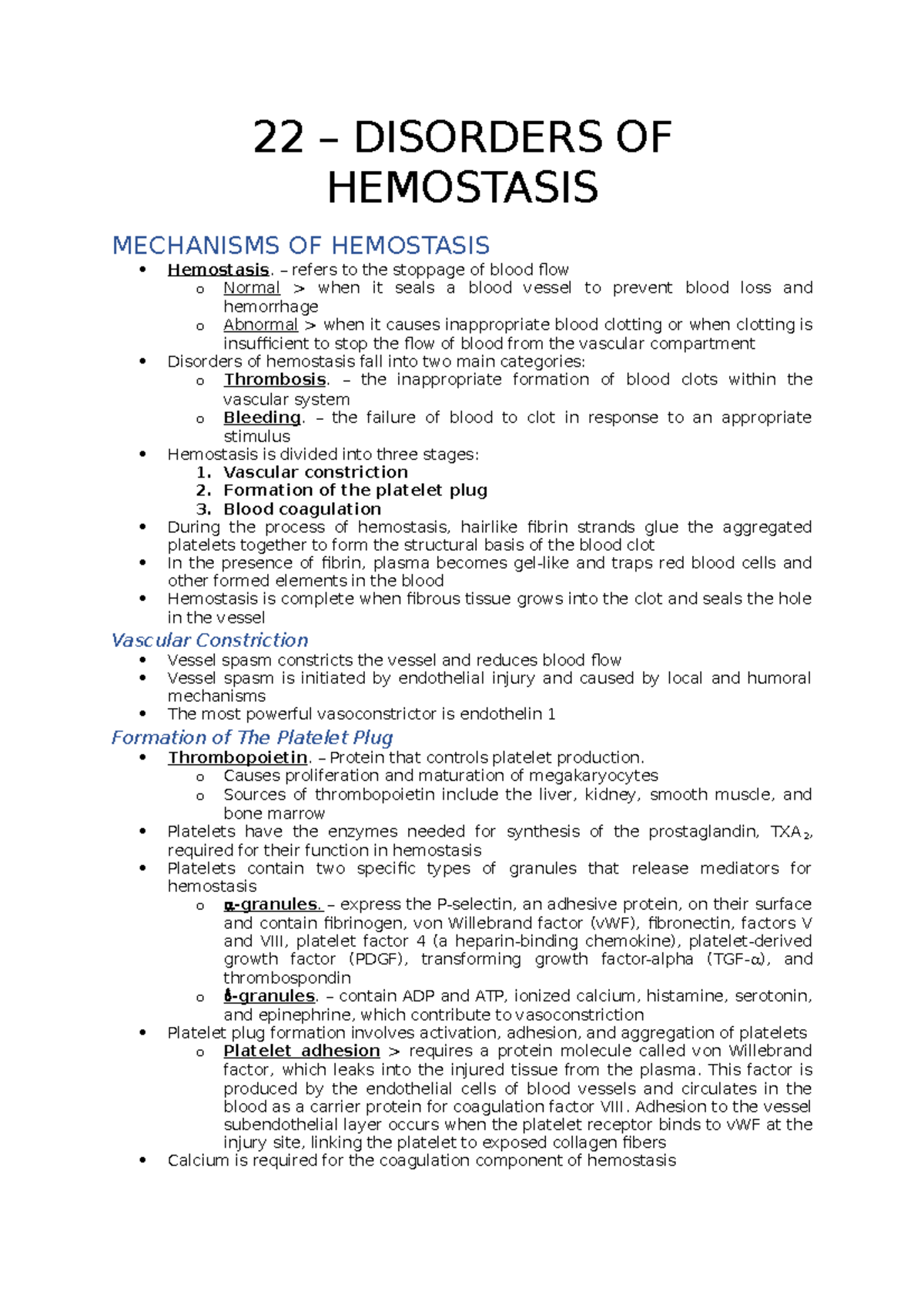 Patho Review Notes - Disorders Of Hemostasis - 22 – DISORDERS OF ...