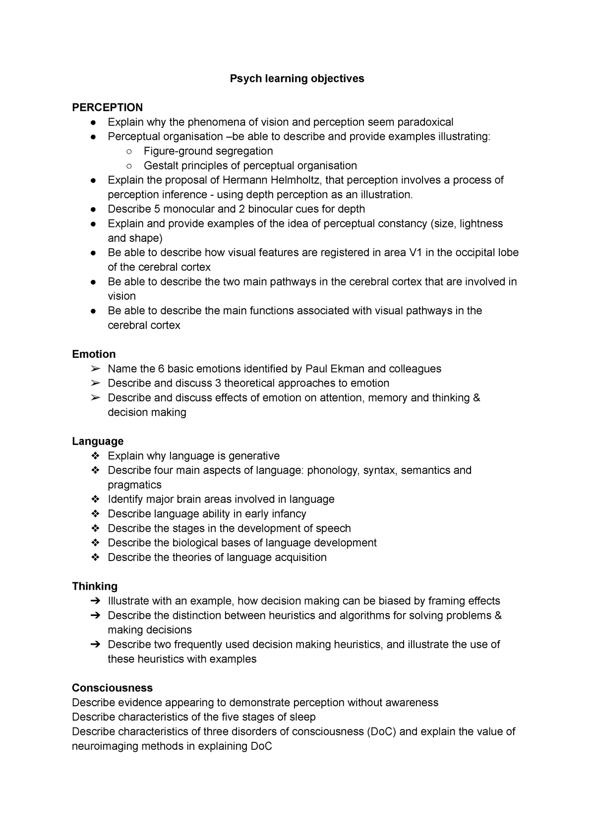 Psych Learning Objectives Psych Learning Objectives PERCEPTION Explain Why The Phenomena