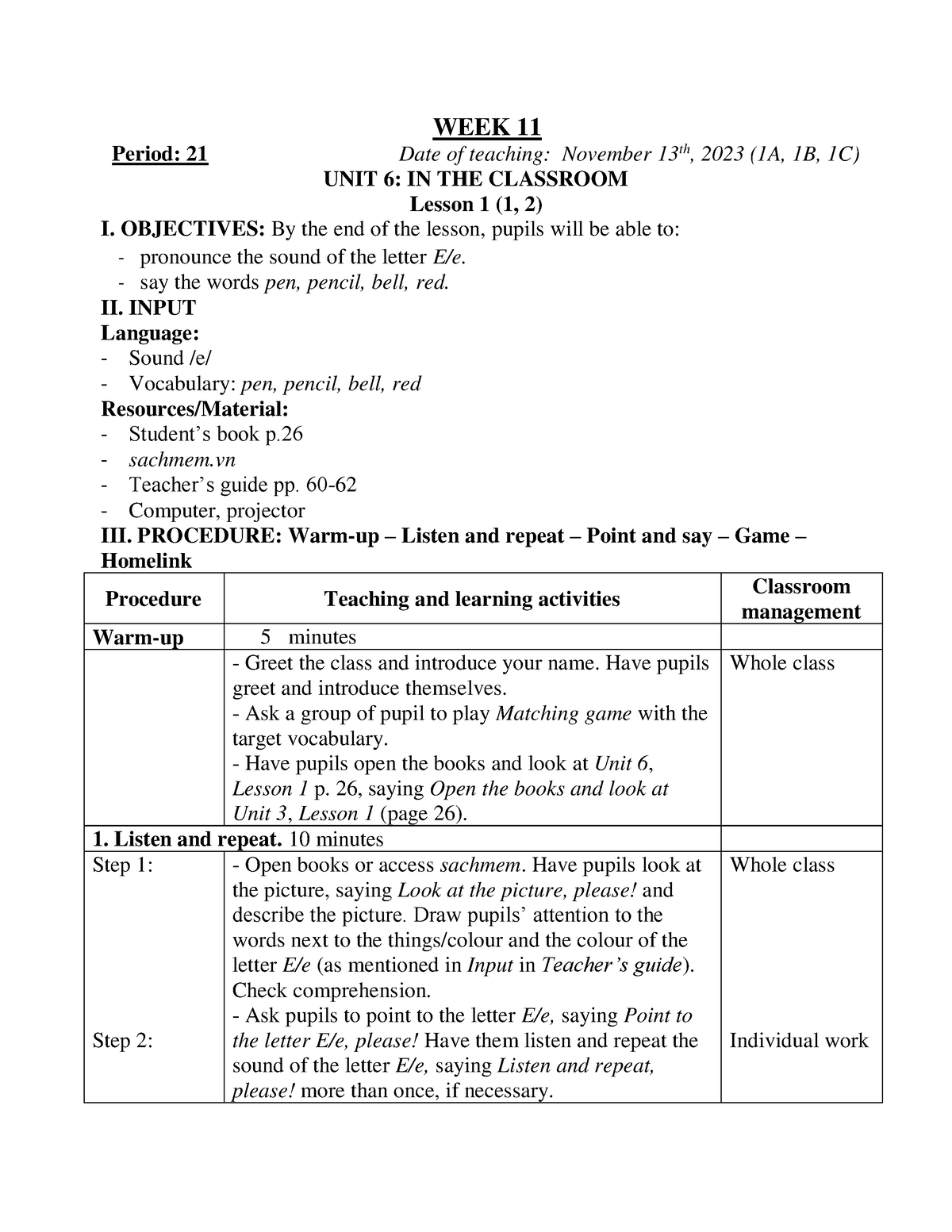 WEEK 11 - Week 11 - WEEK 11 Period: 21 Date Of Teaching: November 13 Th ...