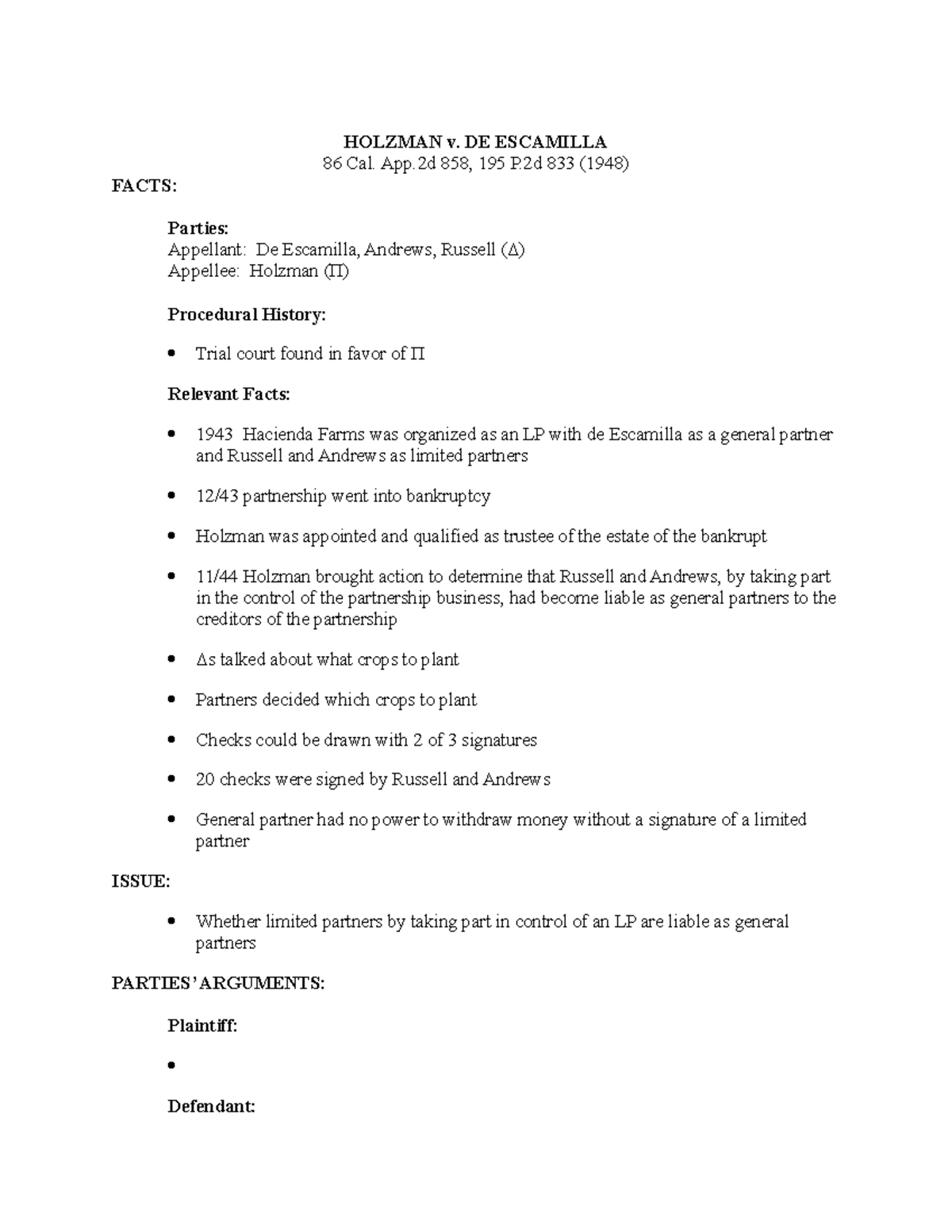 Holzman v. De Escamilla HOLZMAN v. DE ESCAMILLA 86 Cal. App 858, 195
