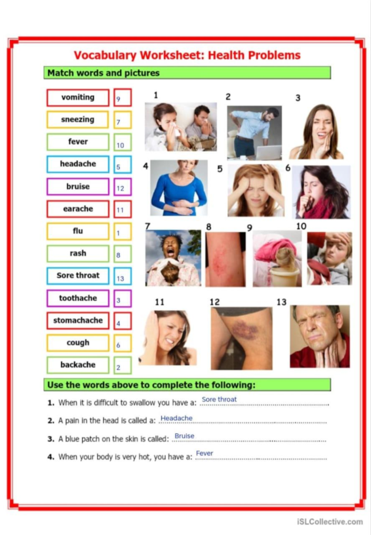 Health Problems Worksheet - Vocabulary Worksheet: Health Problems Match ...
