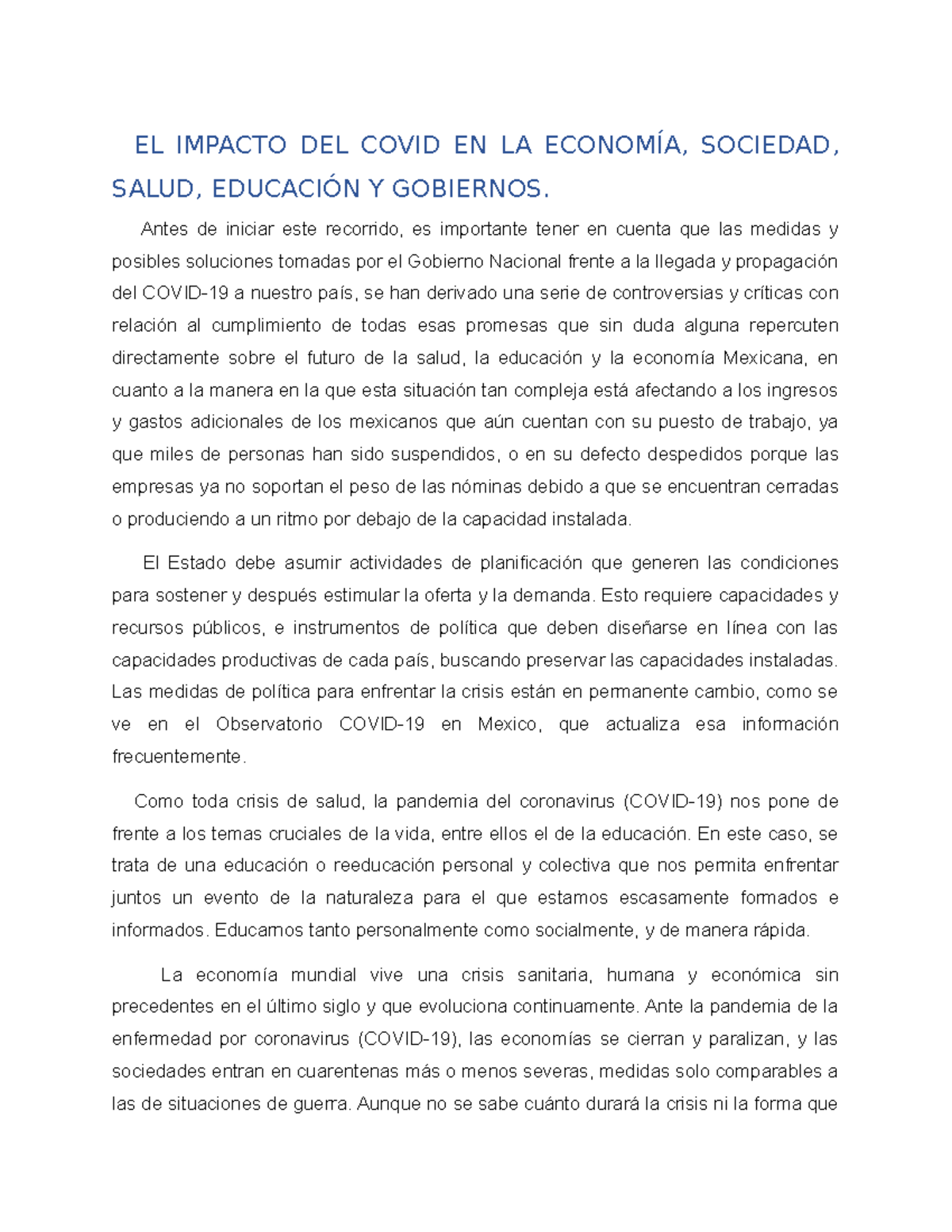 El Impacto del covid - xyz - EL IMPACTO DEL COVID EN LA ECONOMÍA ...