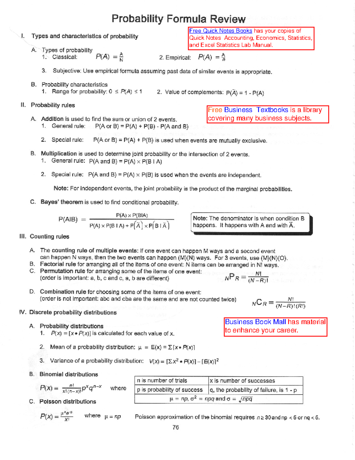 Math Handout (Probability Formulas) - Probability Formula Review Free ...