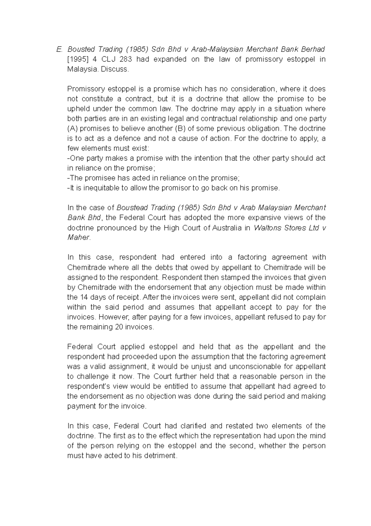 Tutorial 4 Promissory Estoppel E Bousted Trading 1985 Sdn Bhd V Arab Malaysian Merchant Bank Studocu