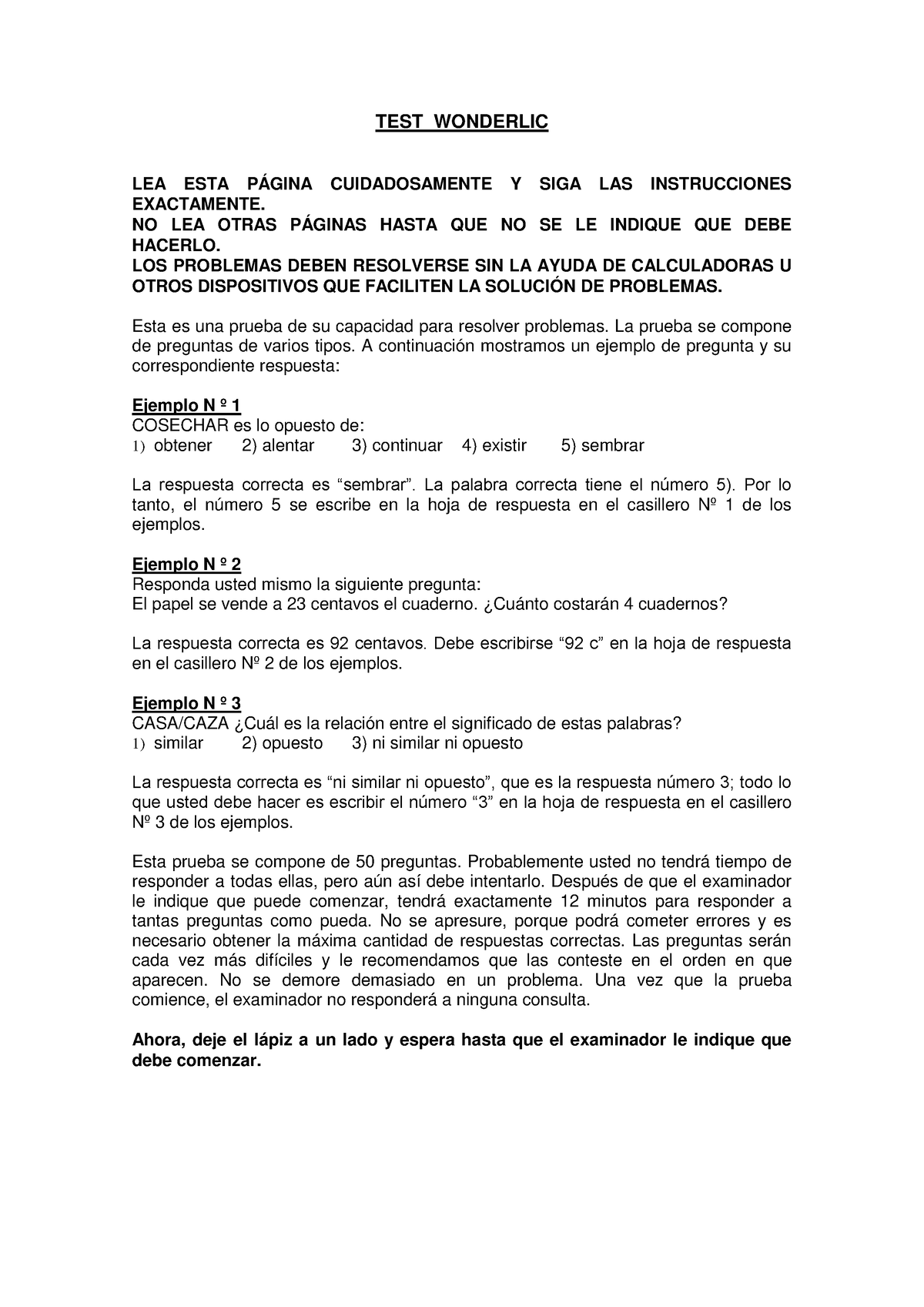 Cuadernillo - Wonderlic - TEST WONDERLIC LEA ESTA PÁGINA CUIDADOSAMENTE ...