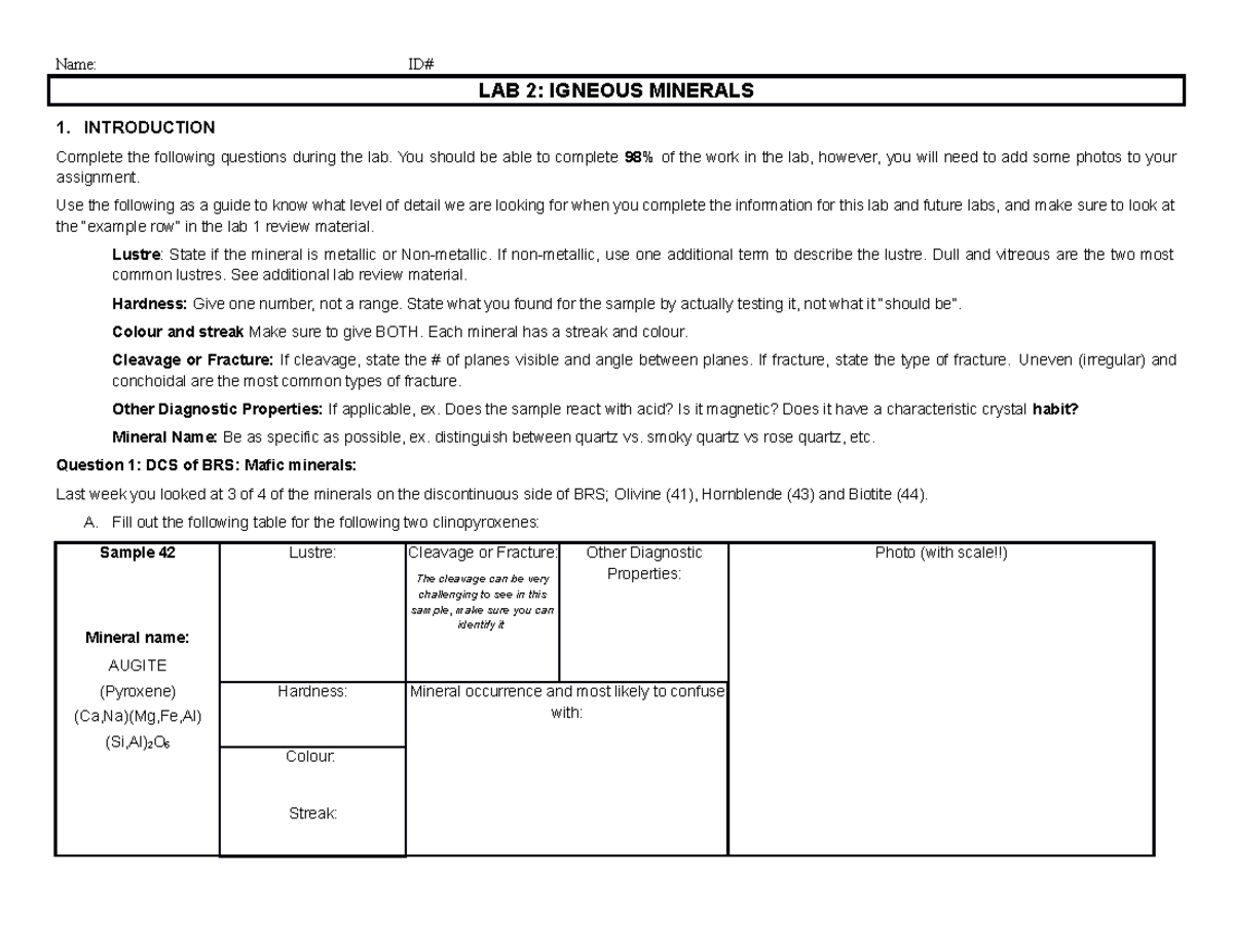 Lab 2 Assignment - Lab 2 - Name: ID# LAB 2: IGNEOUS MINERALS 1 ...