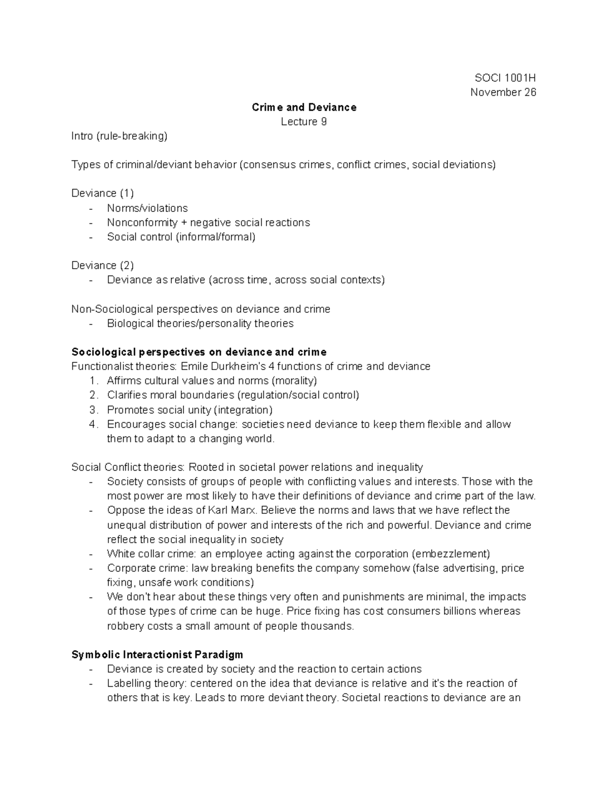 SOCI Lecture notes 9 - SOCI 1001H November 26 Crime and Deviance ...