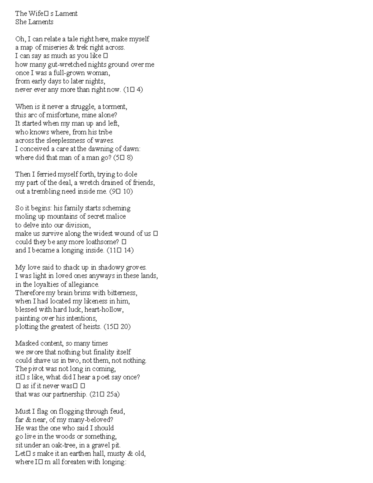 The wife's lament ingles actual - The Wife฀ s Lament She Laments Oh, I ...