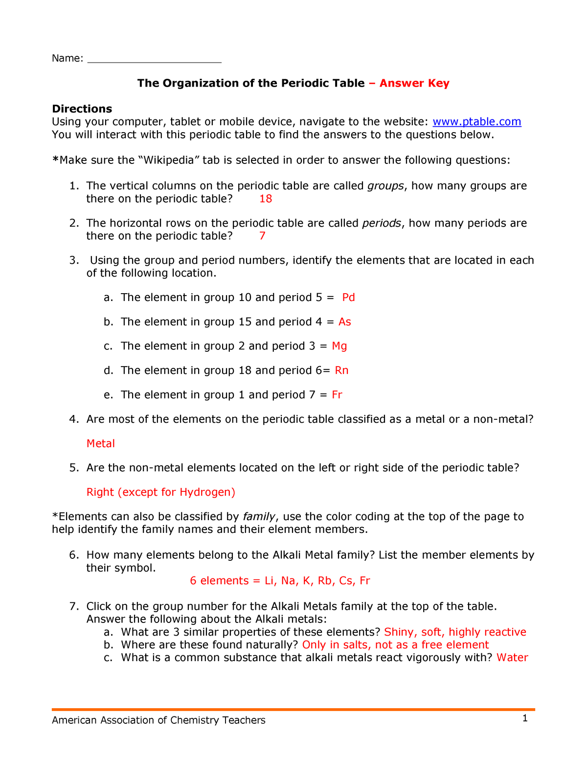 Organization Of Periodic Table Answer Key Name 