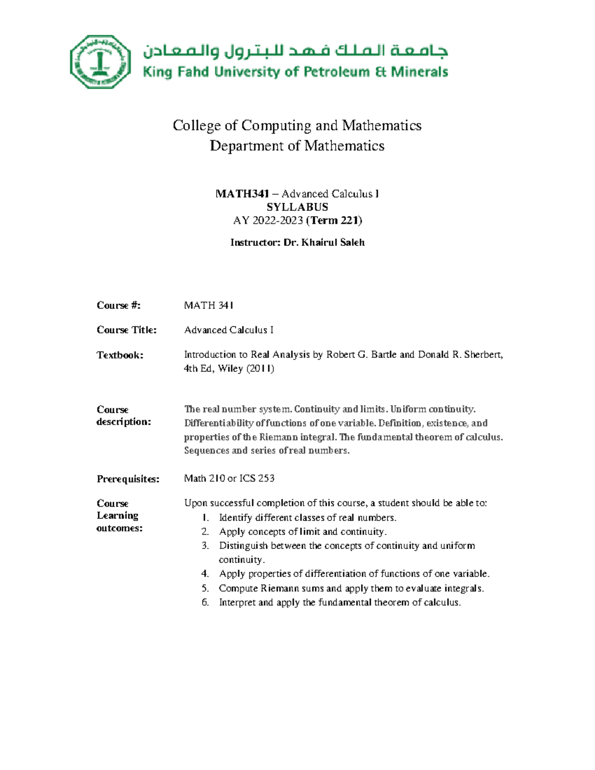 Syllabus MATH341 Term 221 - College Of Computing And Mathematics ...