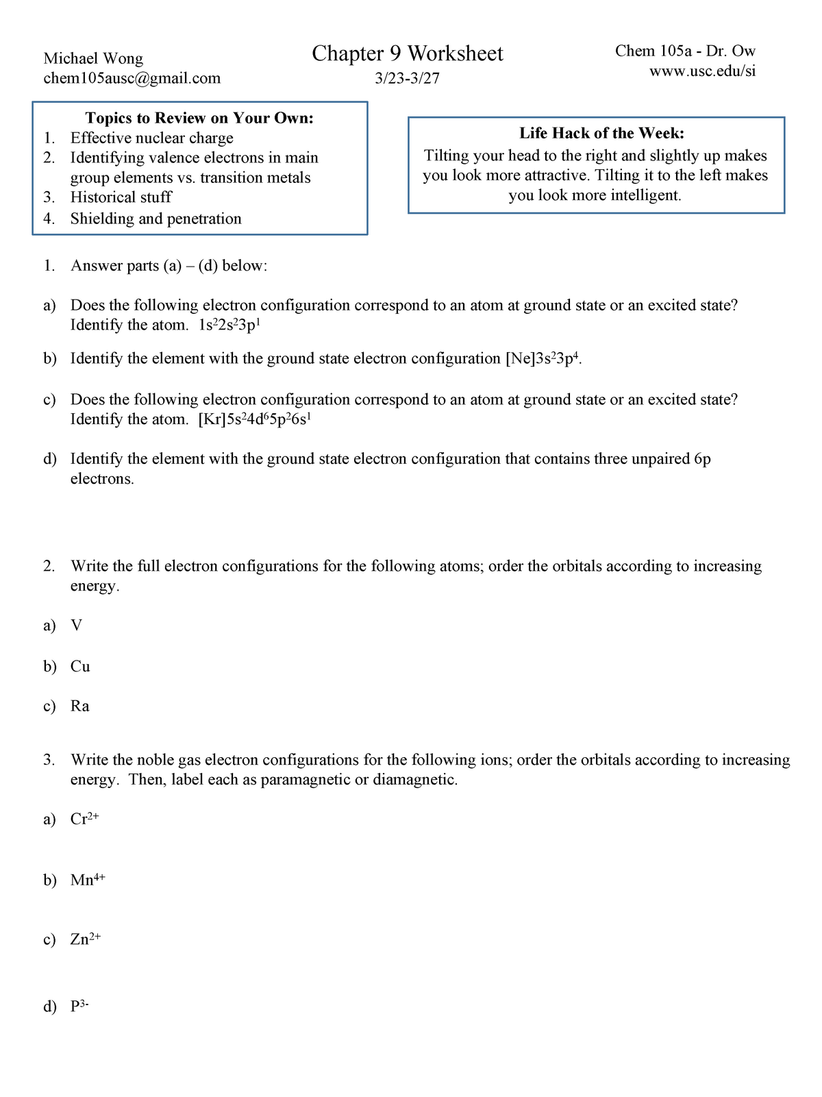 Chem 105a SI Worksheet #8 (ow) Michael Wong chem105ausc gmail Chapter