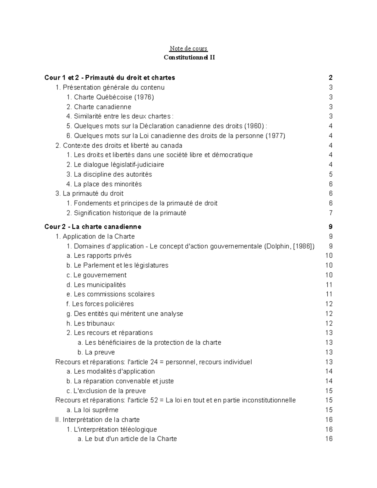 Note De Cours Consti Ii Note De Cours Cour Et Primaut Du Droit Et Chartes