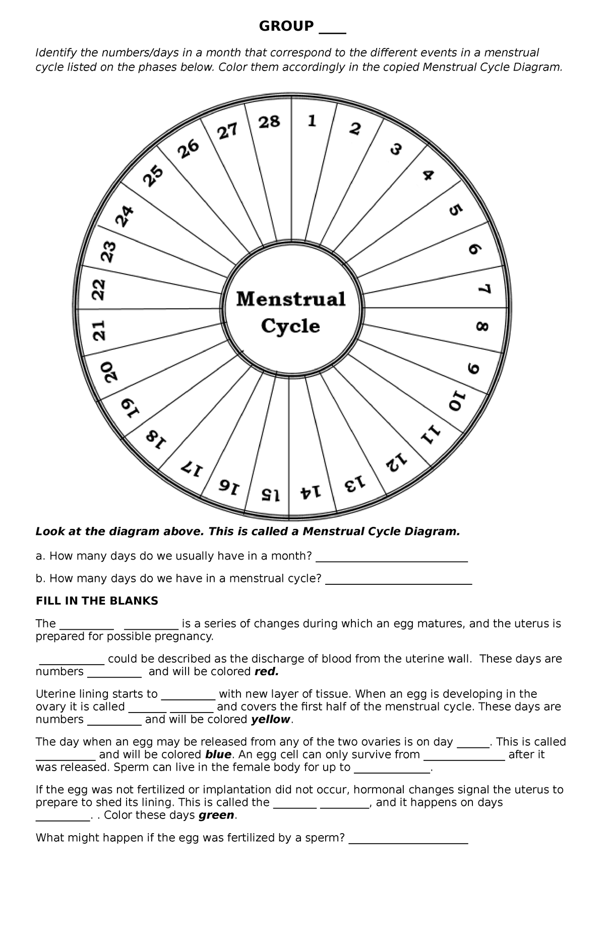 Activity 2 Menstrual Cycle - Group      Identify The Numbers Days In A 