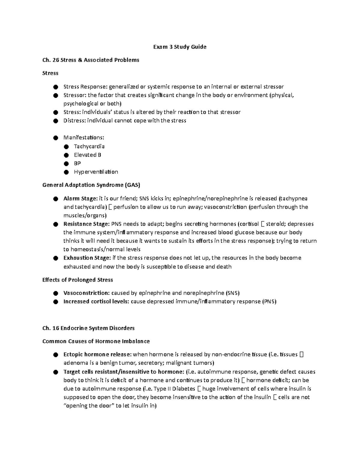 Patho Study Guide Exam 3 - Exam 3 Study Guide Ch. 26 Stress ...