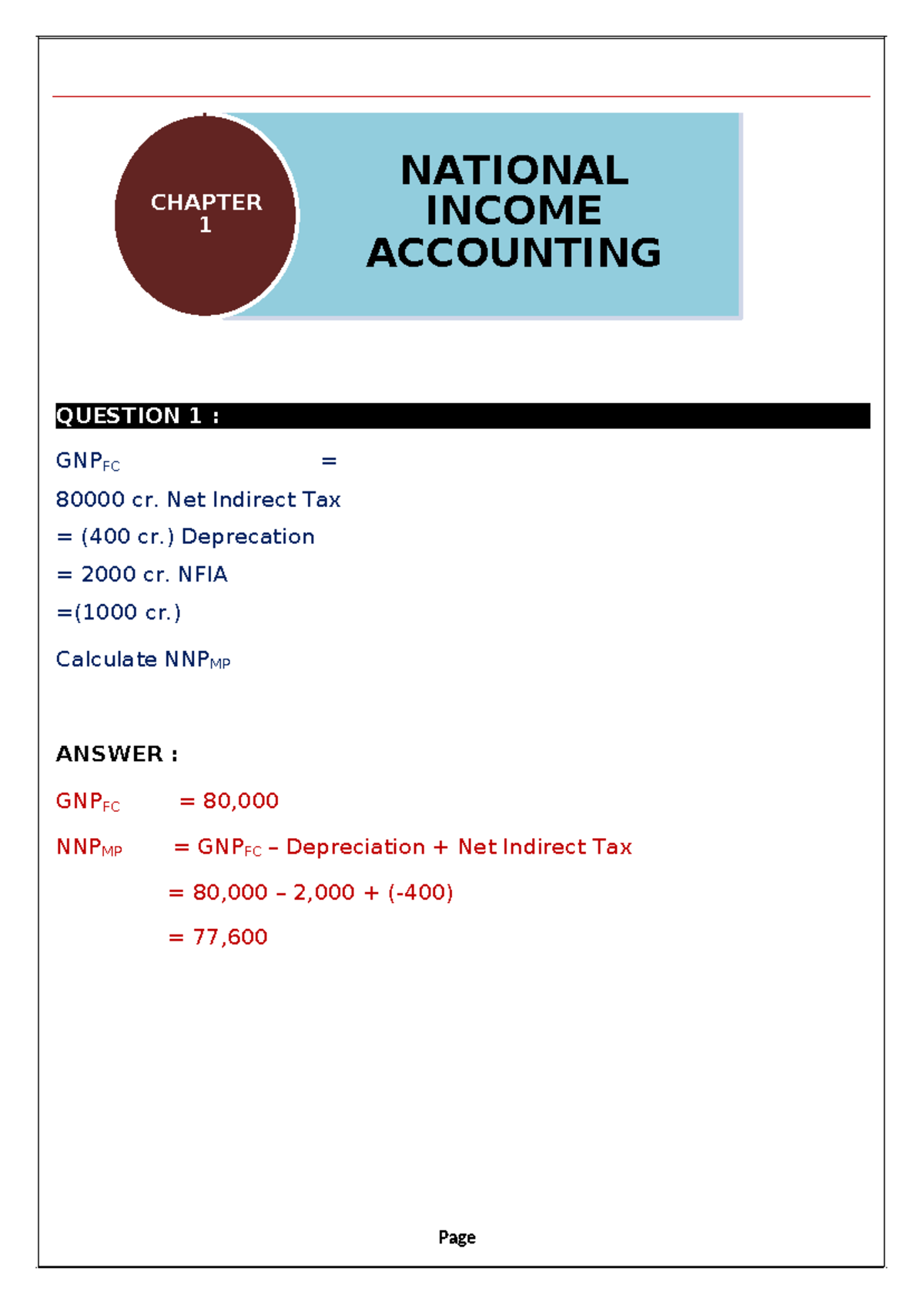 National Income Question Answer - Page CHAPTER 1 NATIONAL INCOME ...