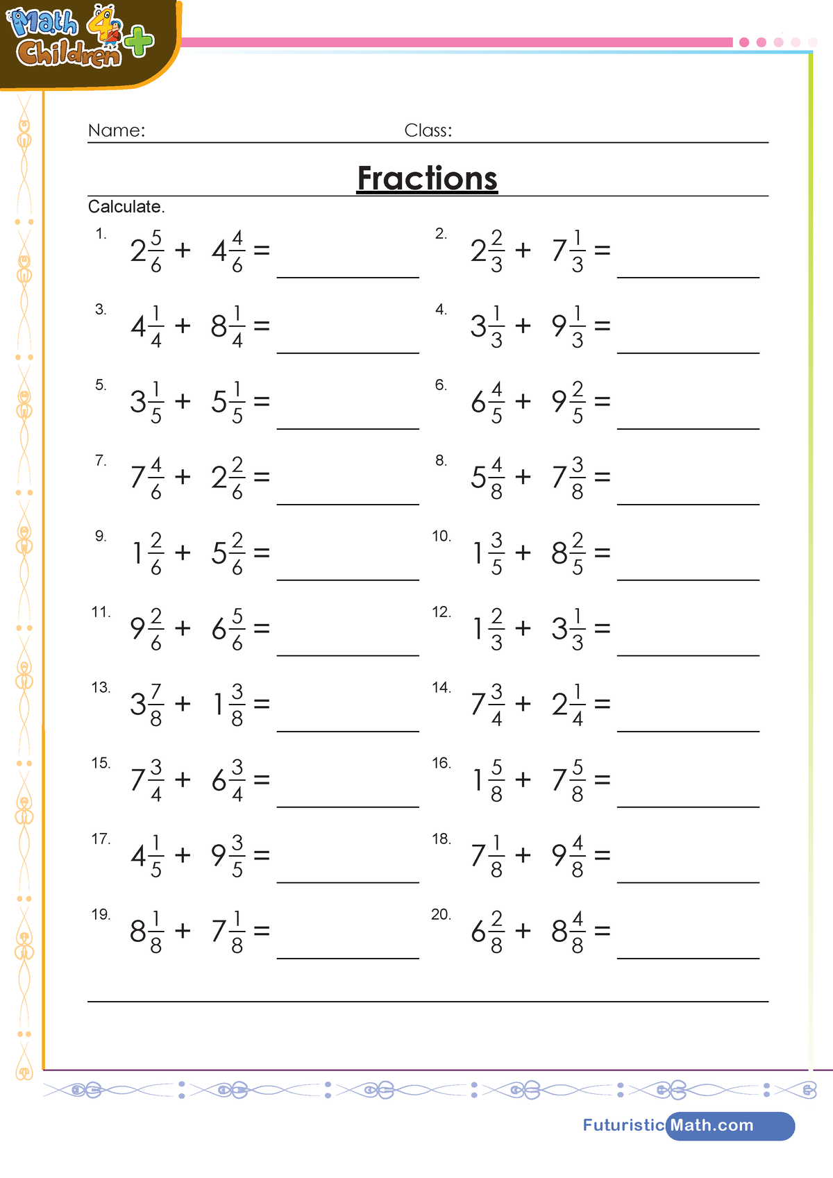 Addition of mixed fractions worksheet - Futuristic Math Name: Class ...