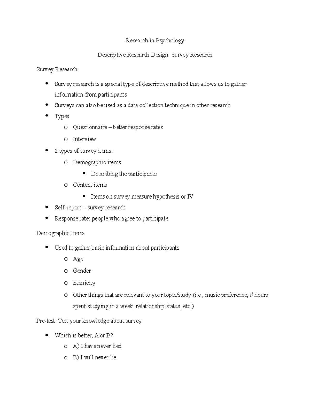 Survey Lecture Notes - Research in Psychology Descriptive Research ...