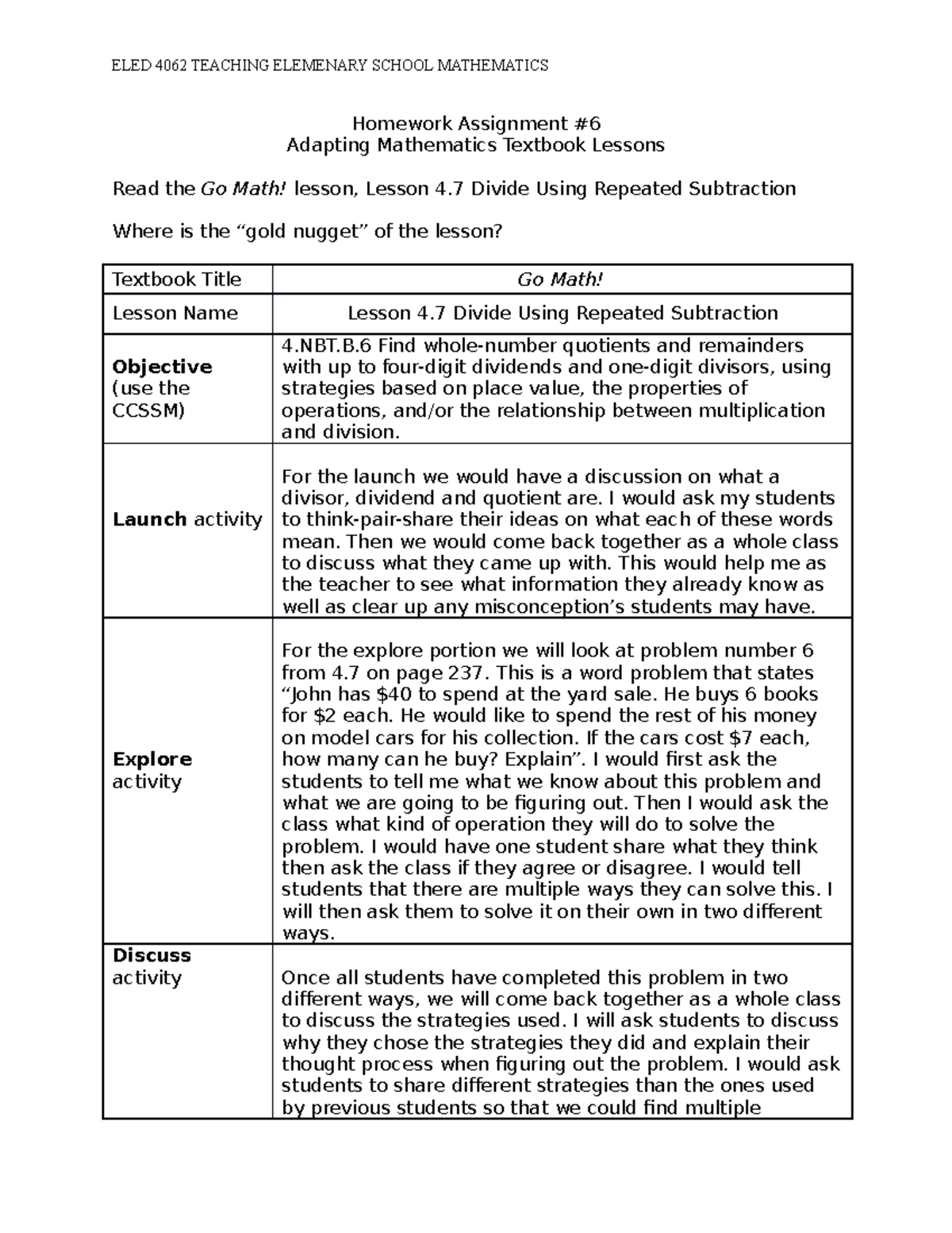 Homework #6 - ELED 4062 TEACHING ELEMENARY SCHOOL MATHEMATICS Homework ...