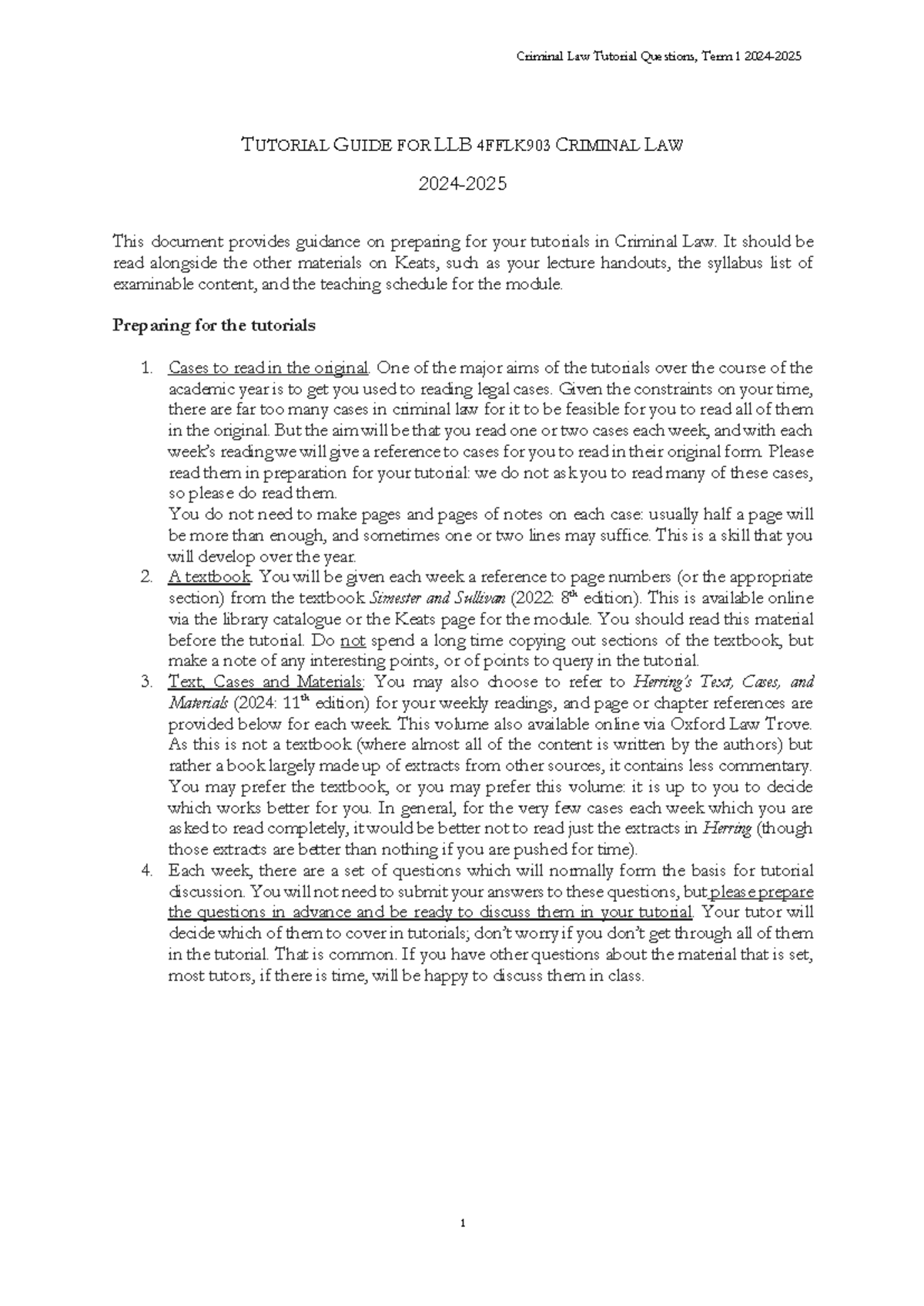 Criminal Law Tutorial Questions Term 1 2024-2025 - T UTORIAL G UIDE FOR ...