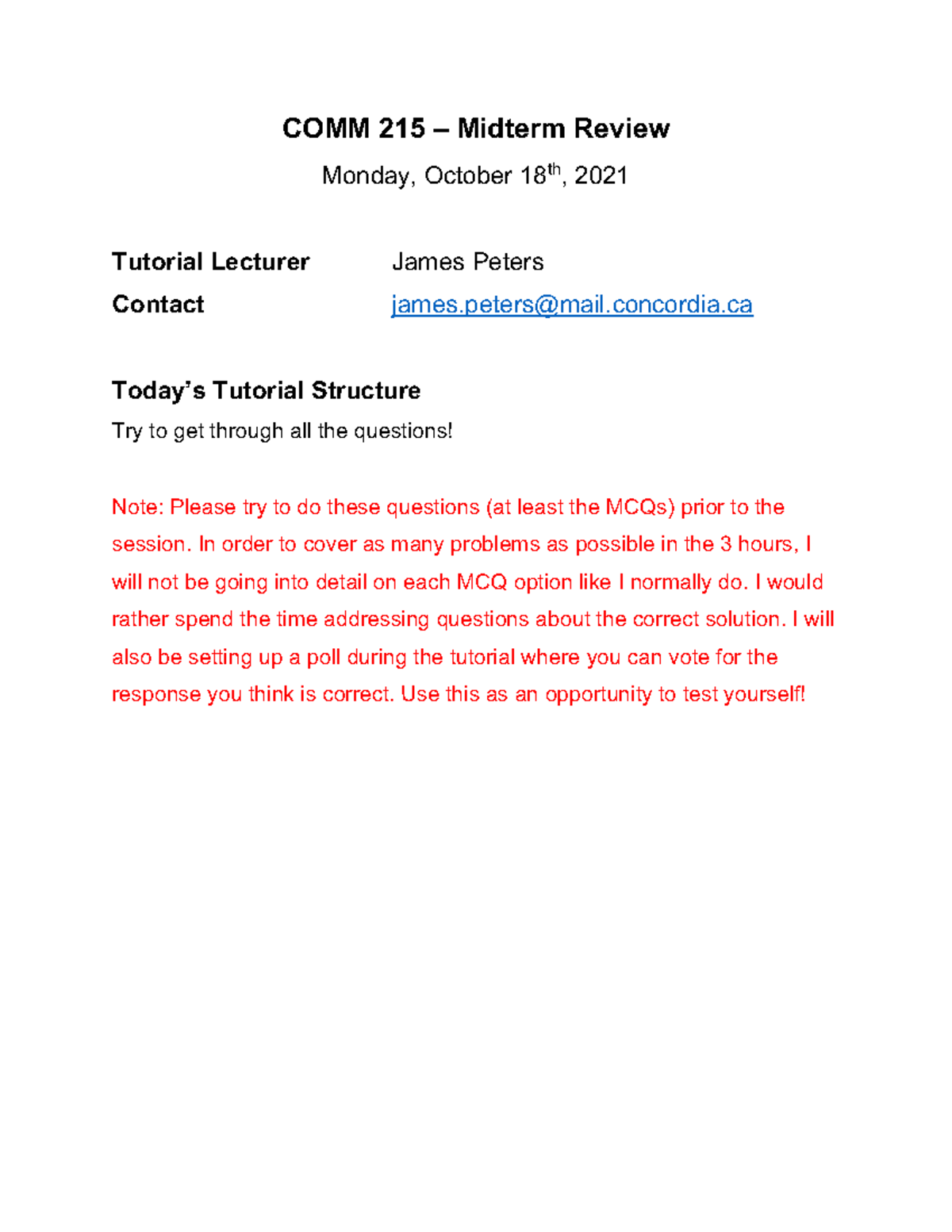 Midterm Review - Lecture notes 1 - COMM 215 Midterm Review Monday ...