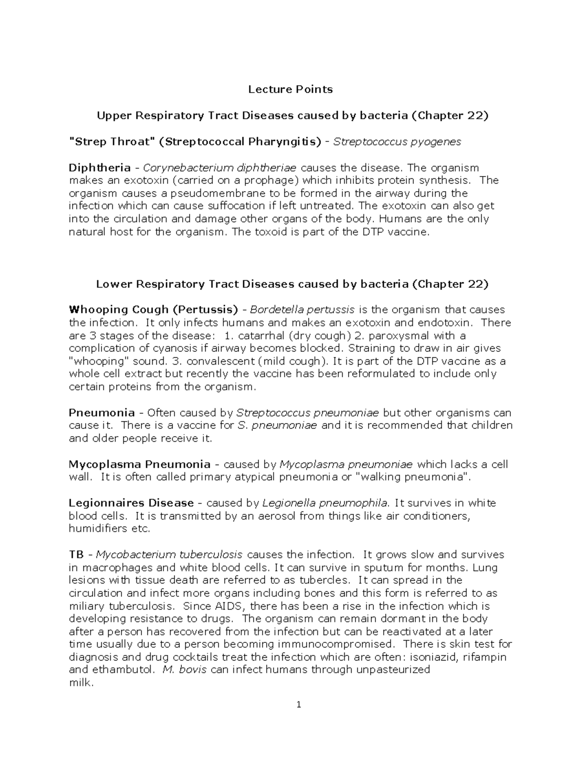 Lecturenotes - 17 - Notes - Lecture Points Upper Respiratory Tract ...