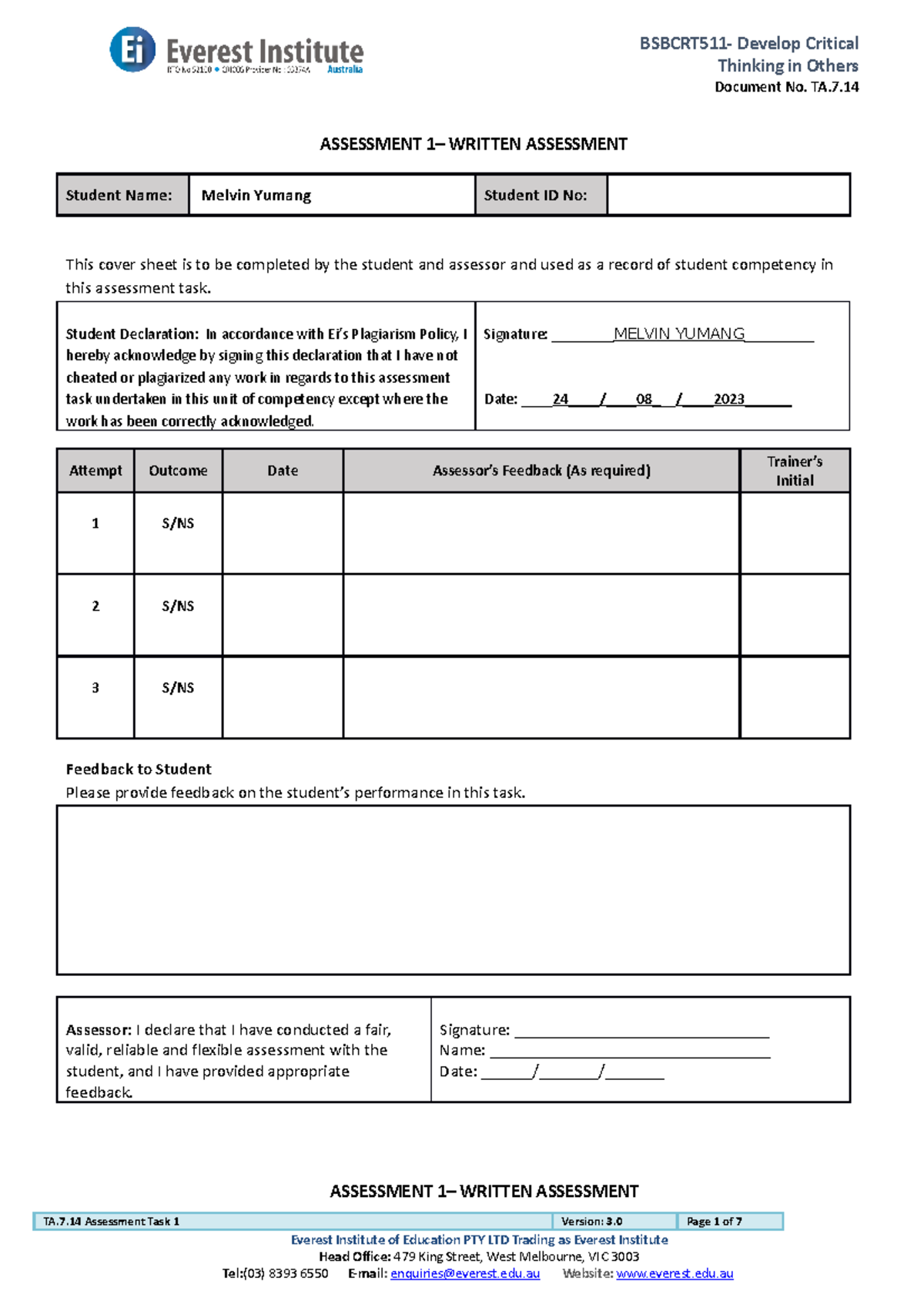 Bsbcrt 511 Assessment Task 1 - Thinking in Others Document No. TA ...